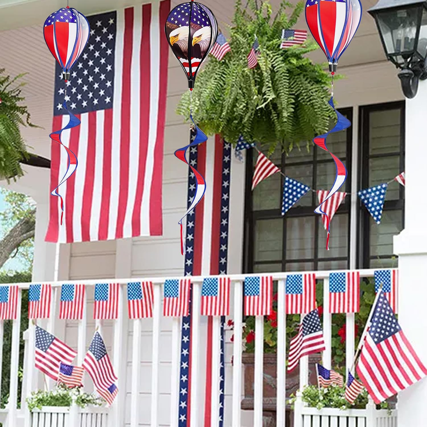 2 Pack 43-Inch Patriotic American Flag & Eagle Hot Air Balloon Wind Spinner Twister, Outdoor Hanging Windmill Decor for Garden Lawn Yard, Fourth of July, Memorial Day, and Veterans Day Decorations