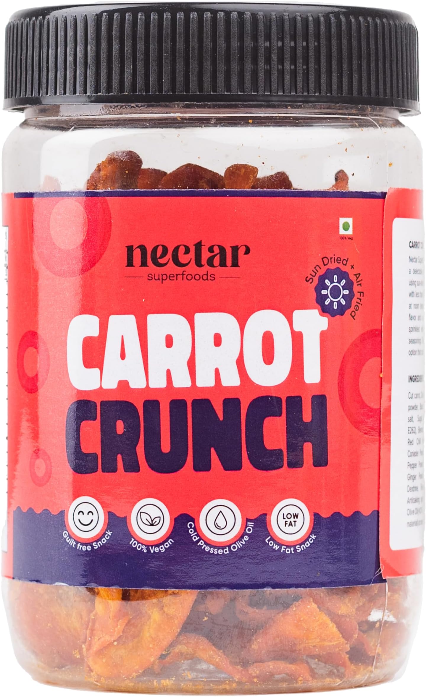 Nectar Superfoods Sun Dried Vegetable Chips | Low Temperature Cooked Olive Oil Sprinkled | 40 gram Jar (CARROT CRUNCH)