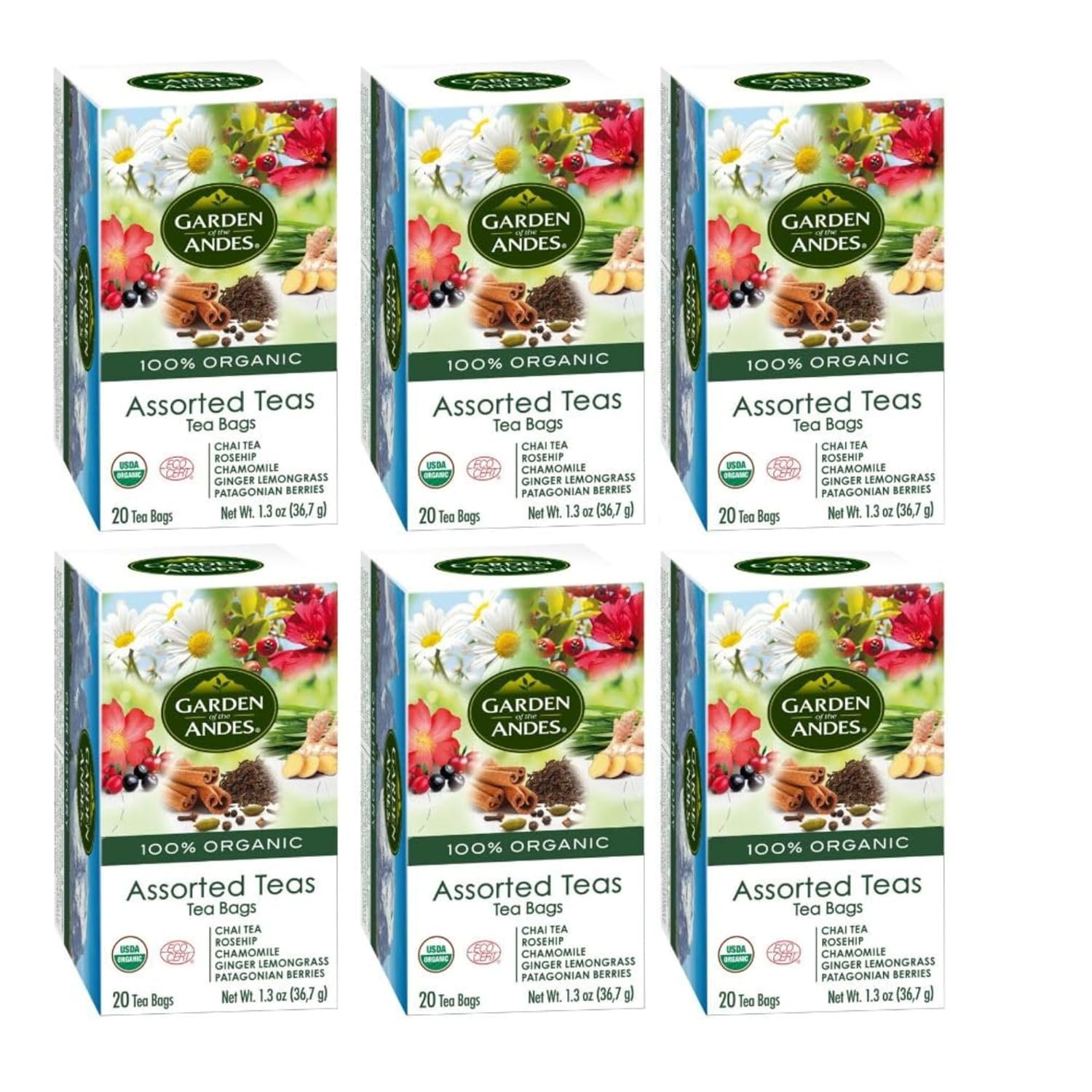 Garden of the Andes - Organic Assorted Herbal Teas - Variety Pack 20 Tea Bags - Caffeine-Free Herbal Infusions - Biodegradable Staple-Free Bags and Seed-to-Cup Traceability