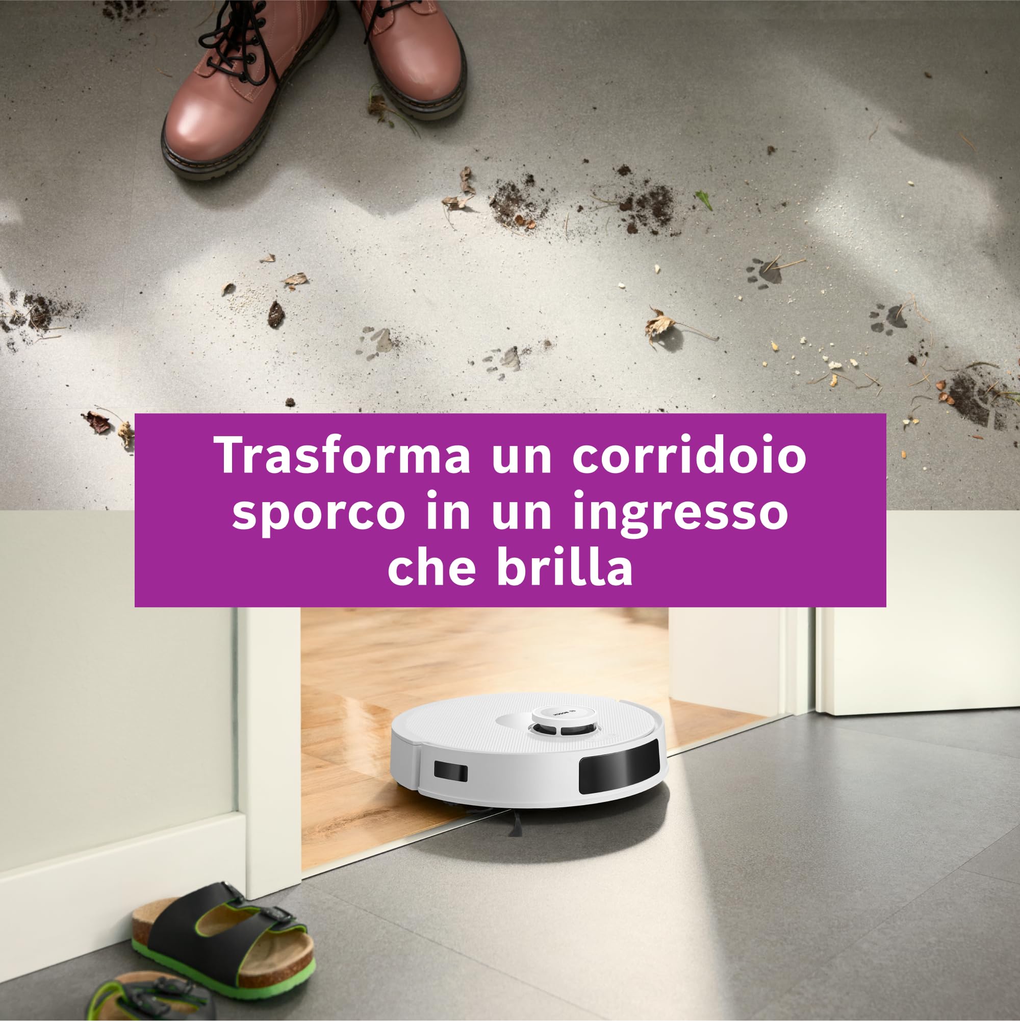 Bosch Spotless+Robot Aspirapolvere e Lavapavimenti,Potenza 11.000Pa,Panno Lavapavimenti Statico,Stazione di ricarica con autosvuotamento,Navigazione Infrarossi Smart Vision,AppBosch HomeConnect,Bianco