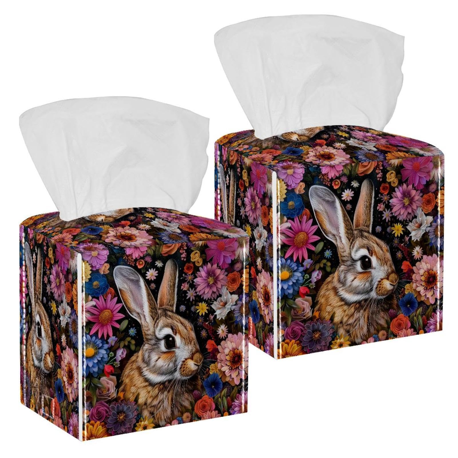 Rabbit and Flower Tissue Box Cover, 2 Pack PU Leather Square Facial Tissue Dispenser Box holder for Home Office Car