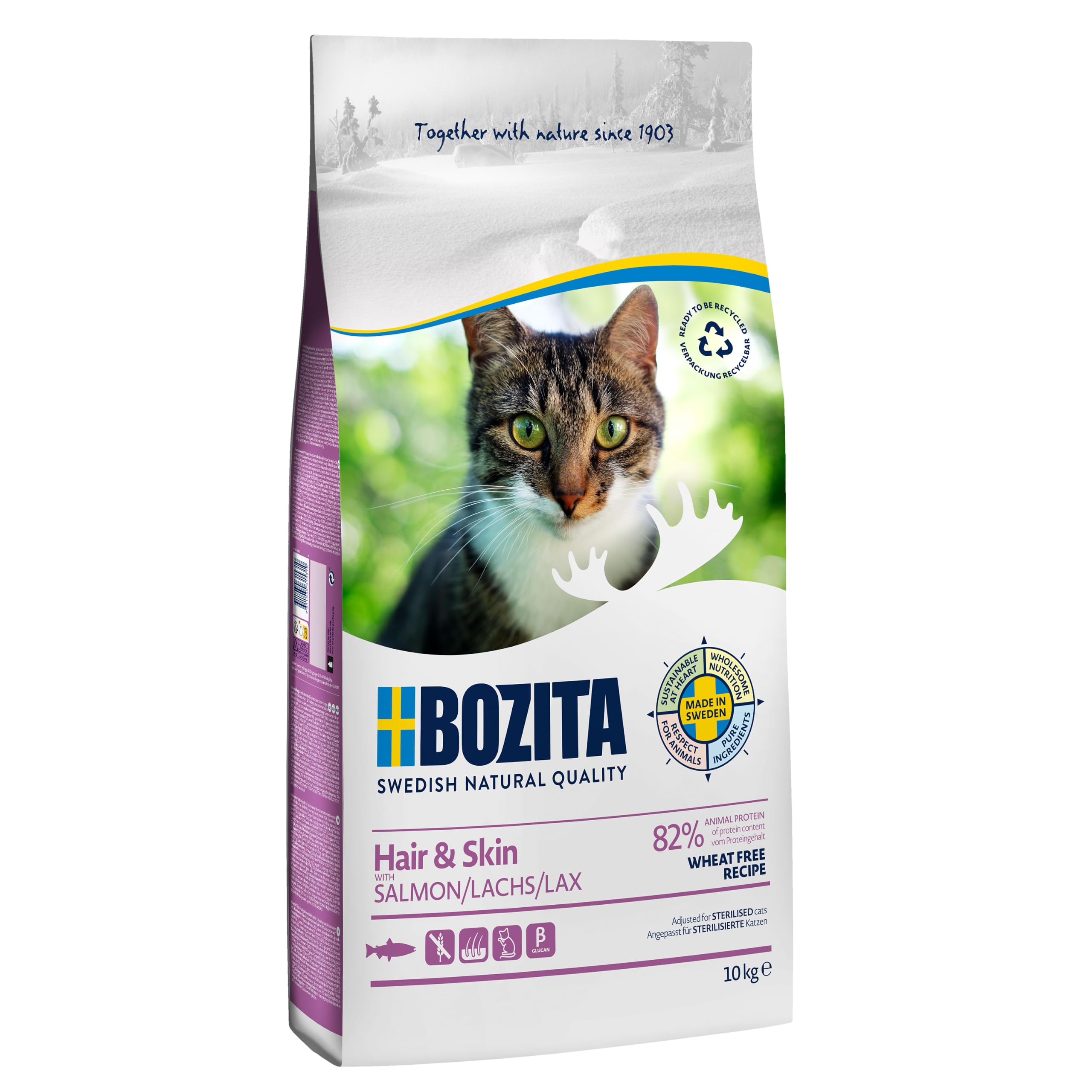 BOZITA Hair & Skin - Comida Seca sin Trigo con salmón para Gatos Adultos Que apoya el Cuidado de la Piel y el Pelaje, 10 kg