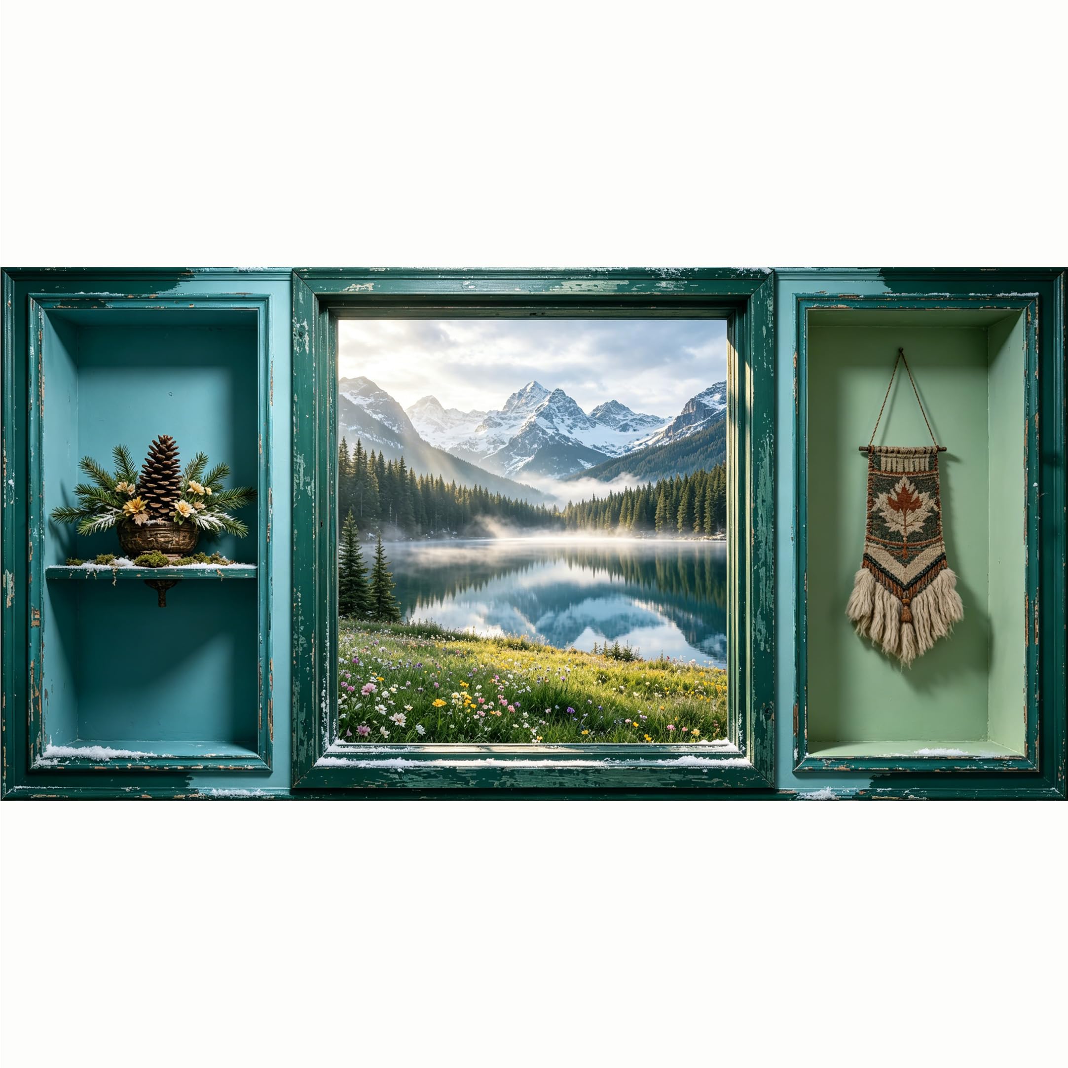 QZLITHOTIC 50x100cm 3D Framed Wall Art， Snowy Mountain Lake Landscape Self‑Adhesive Mural， Water‑Activated Peel & Stick Fabric Decor Wall Decal for Bedroom Living Room