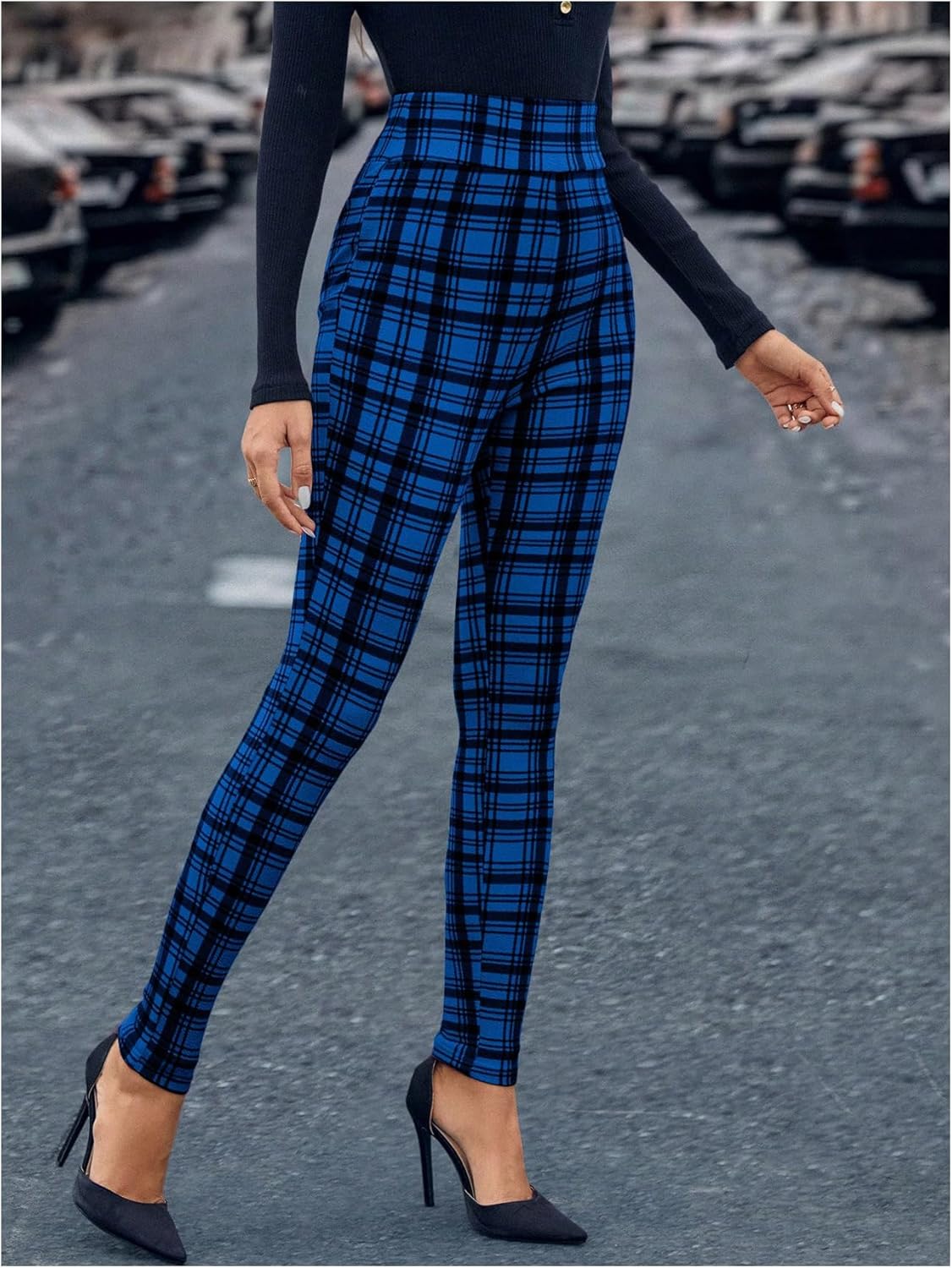 WDIRARA Women's Plaid Leggings High Waisted Skinny Pants Tummy Control Yoga Pants - Image 4