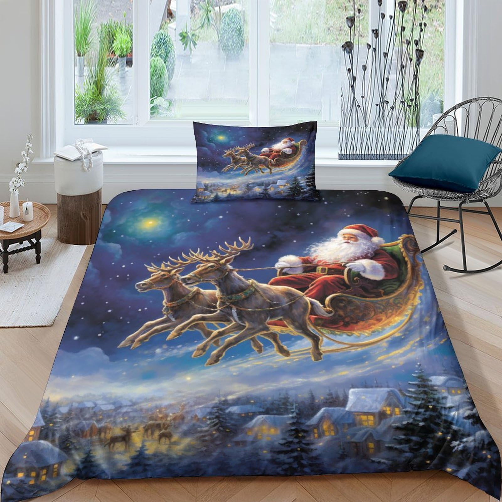 GUYDZOOM Santa Claus Duvet Cover Set 3 PCS Hotel Quality Quilt Cover Bed Sets Bed Covers with Pillowcases with Zipper Closure Ultra Soft Hypoallergenic Microfiber Single（135x200cm）