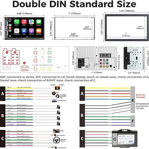 Miniatura 6 de SJoyBring Estéreo QLED de doble DIN para automóvil de 7 pulgadas, inalámbrico Apple CarPlay y Android Auto, 240 W 4.2 CHN, SWC, Bluetooth, radio