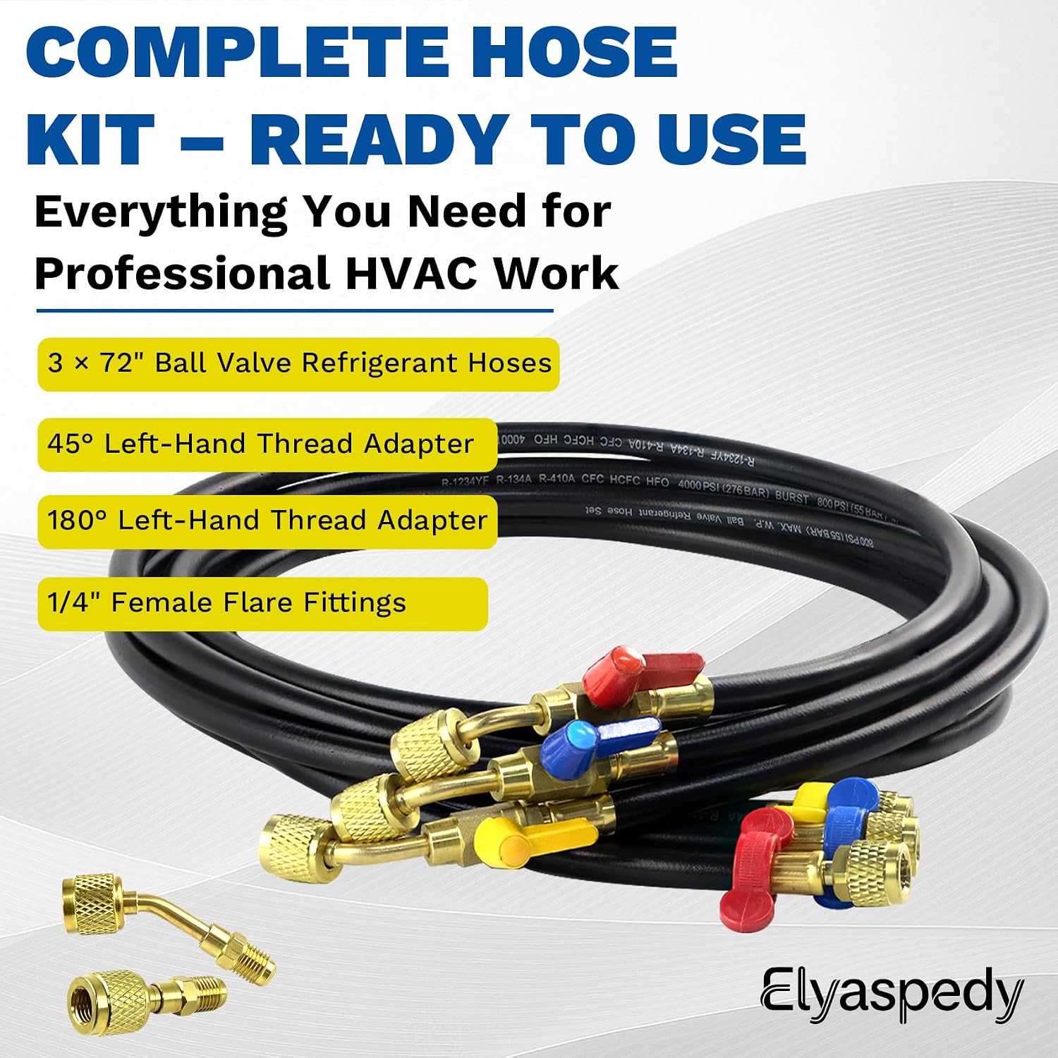 Newly Upgraded 1/4" A2L Refrigerant Hose Kit with Ball Valve, 72”, 45°/180° Left-Hand Thread Adapter, Pressure Relief Groove Design, Heavy-Duty Brass Fittings, for R-1234YF/R-32/R-454B/R-134A/R-410A