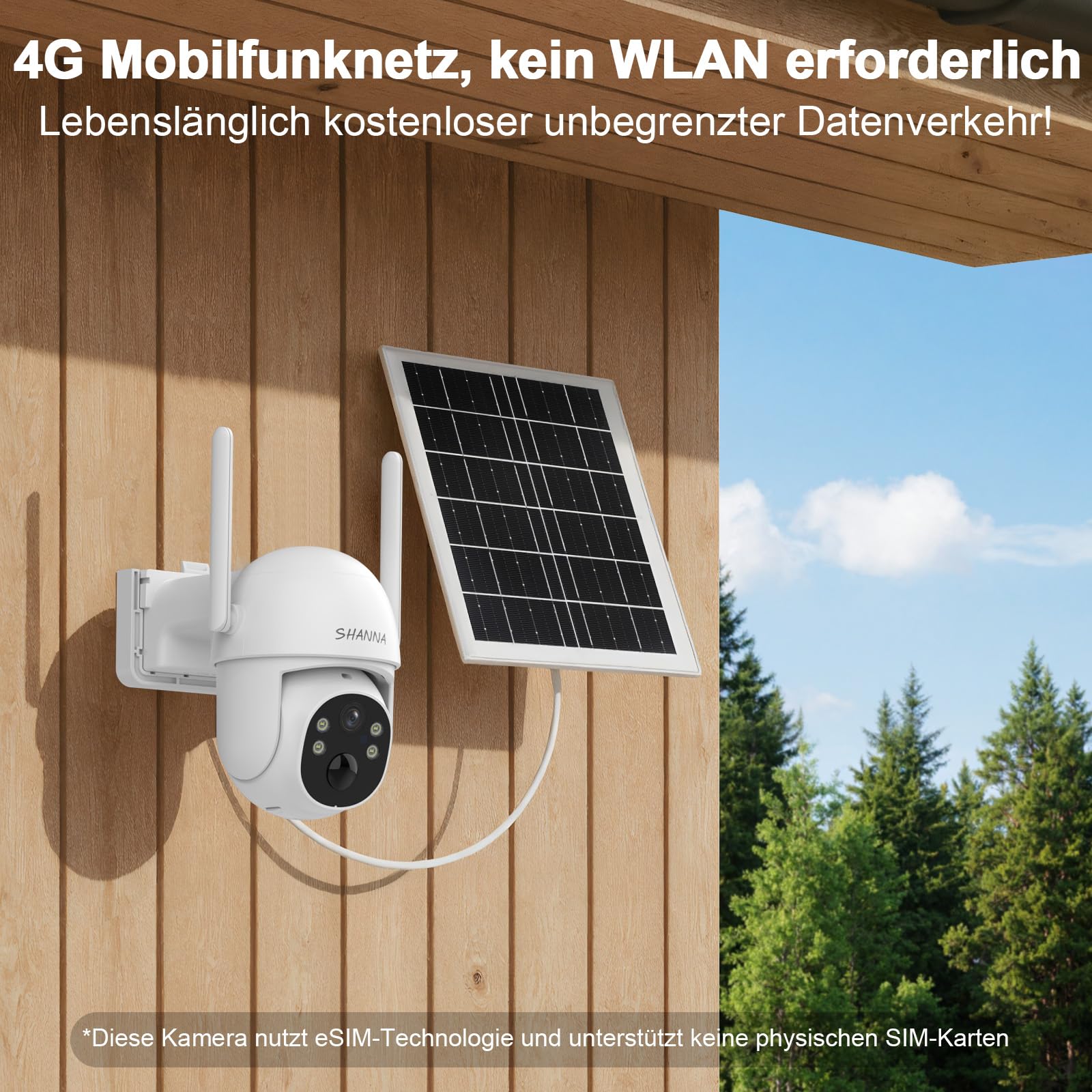 [Lebenslange Kostenlose Unbegrenzte Daten] 4G LTE Überwachungskamera mit eSIM Karte,2K LTE Kamera ohne WLAN mit Akku 7800mAh,Farbnachtsicht,Automatischer Verfolgung,2-Weg-Audio,IP66,6-Watt-Solarpanel