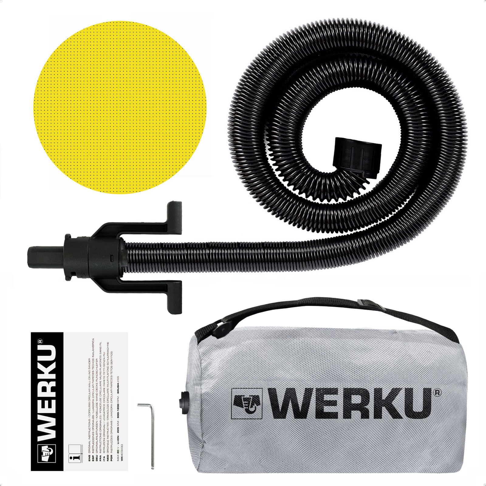 Werku WK403430, Lijadora Circular Paredes-Techos Inalámbrica, Calidad Profesional, Potencia 20 V, Disco 225 mm, Incluye Disco Lijado y Manguera Aspiración, No Incluye Batería y Cargador