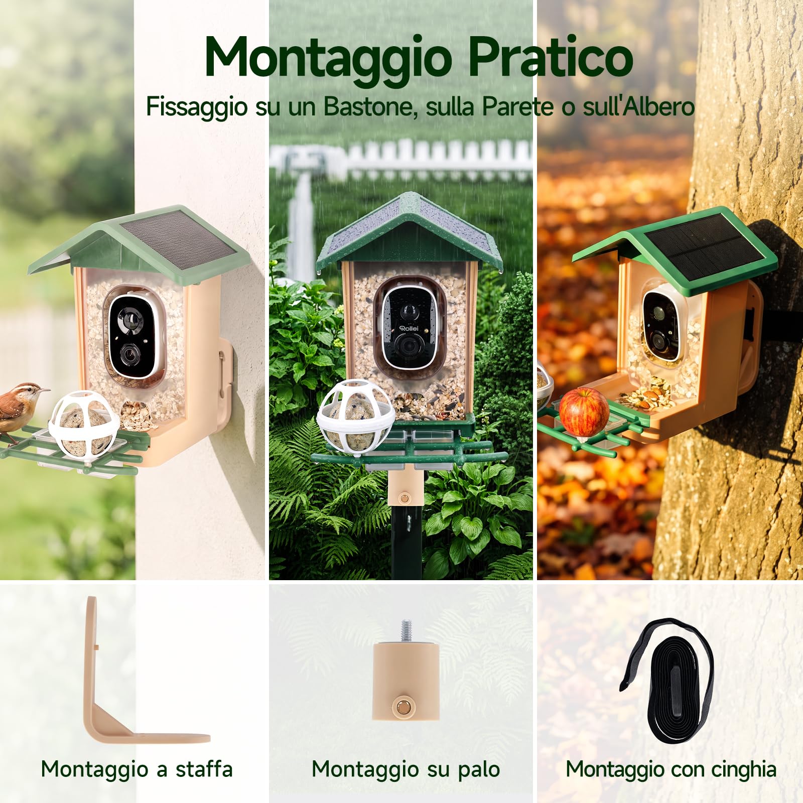 Rollei Mangiatoia per Uccelli Intelligente con Telecamera 3K Smart Bird Feeder da Esterno con Pannello Solare AI Identificazione di 10000 Uccelli Visione Notturna a Colori Notifica Istantanea IP65