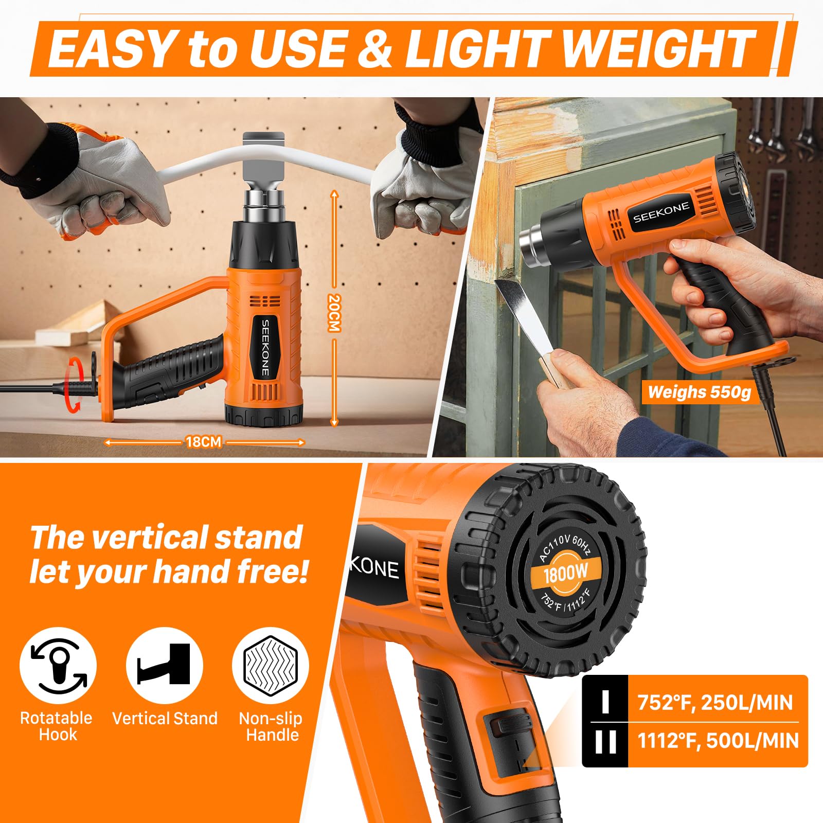 SEEKONE Heat Gun 1800W with 1112℉&752℉ 2 Temperature Settings for Crafting — Amazon image 3