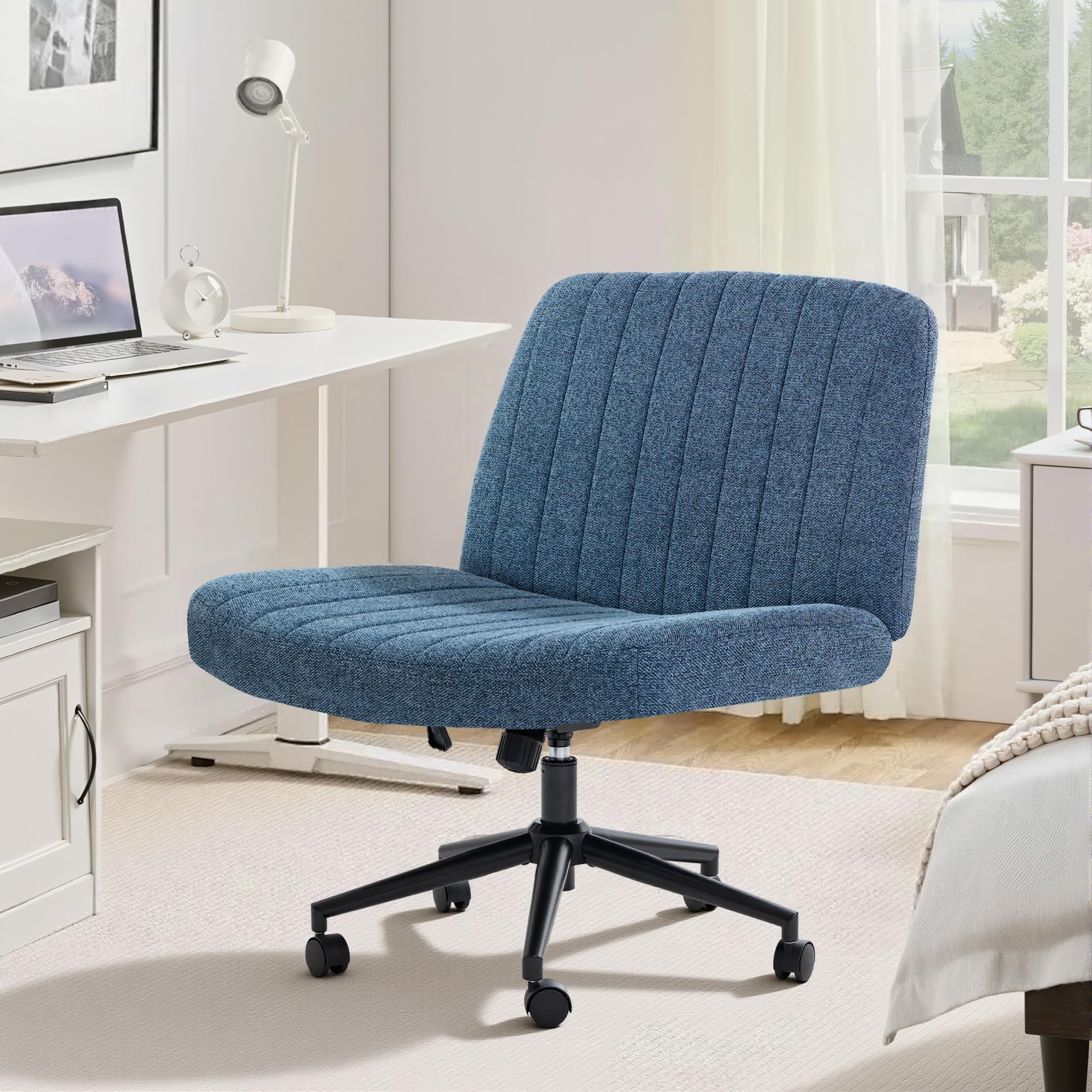 NEWBULIG Wide Seat Home Office Desk Chair Armless, Cross Legged Ergonomic Chair for Bedroom or Study, Adjustable Height Swivel Vanity Chair with