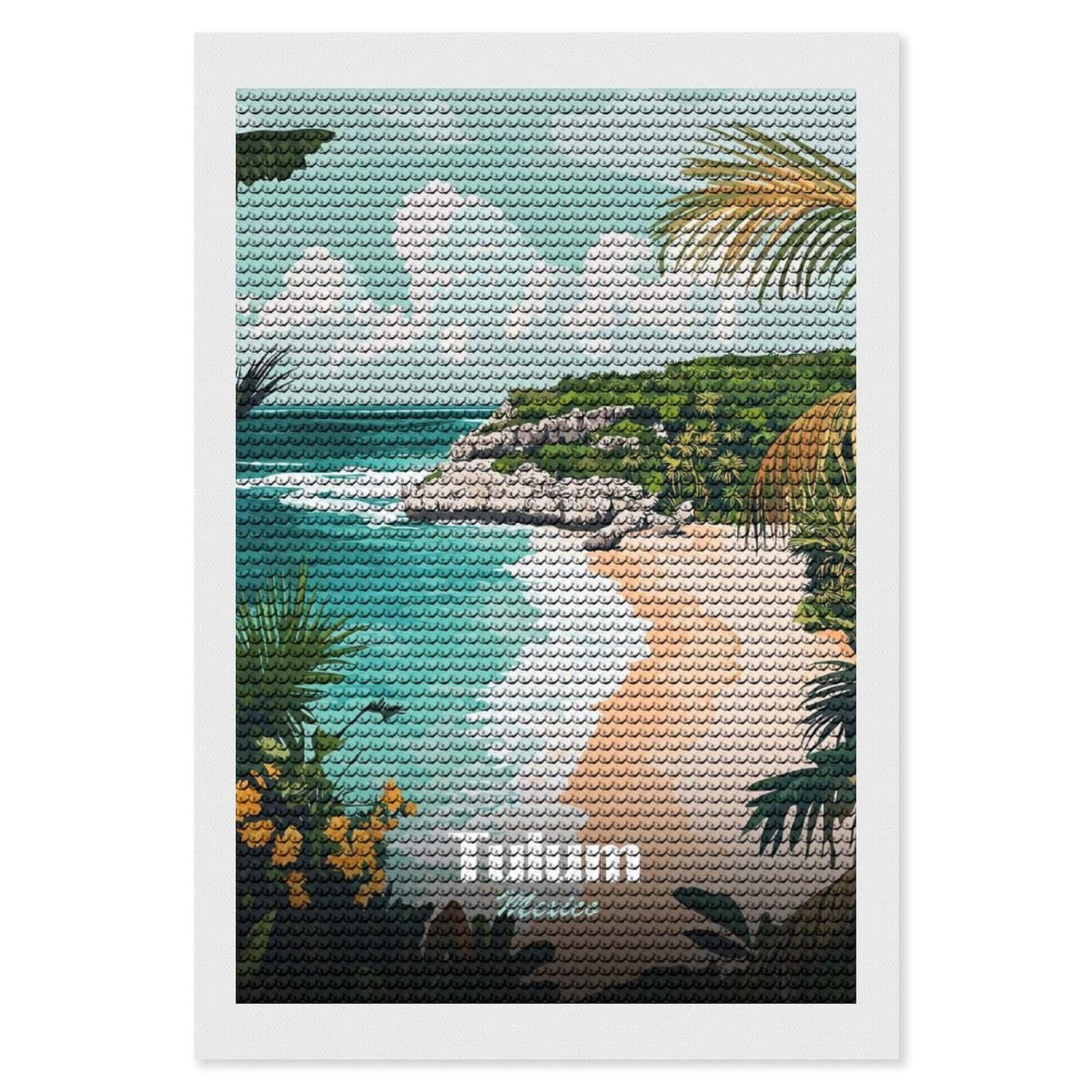Junmoney Tulum Mexico Beach Landscape Illustration Diamond Painting Canvas Set 8"x12", for Beginners, Complete Accessories, Christmas Gift, Modern Decor