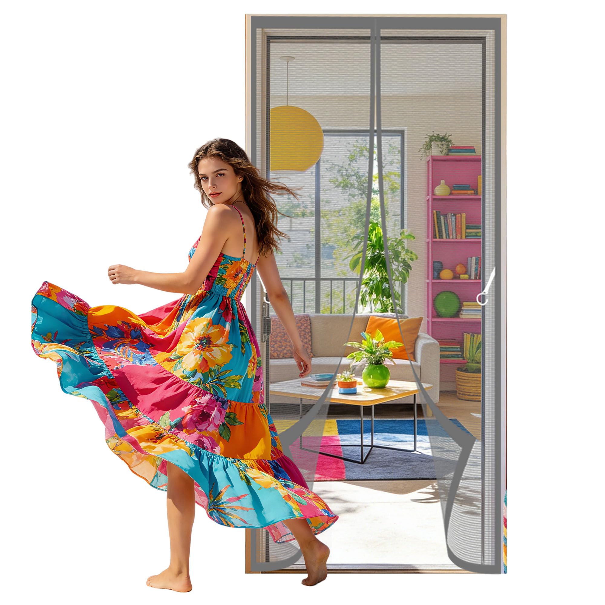 Fly Screen Door 138 x 264 cm with Full Length Magnets No Gap Auto Closes Magic Paste Curtains Keeps Flies Mosquitoes Out for Living Room, Bedroom, Patio, Grey