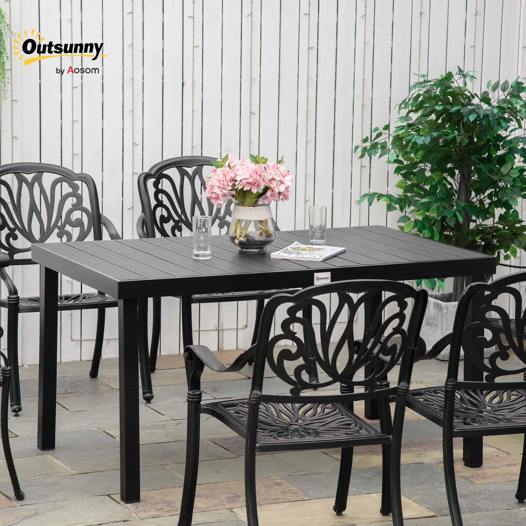 Mesa de comedor al aire libre para 6 personas, mesa rectangular de patio, patas de metal de aluminio para jardín, césped, patio, madera negra 2