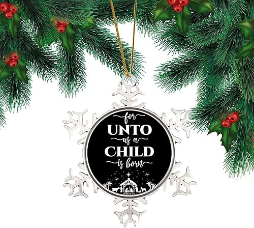 Miniatura 2 de Adornos colgantes para árbol de Navidad con texto en inglés For Unto Us A Child is Born, adorno de copo de nieve de metal cristiano, decoración de