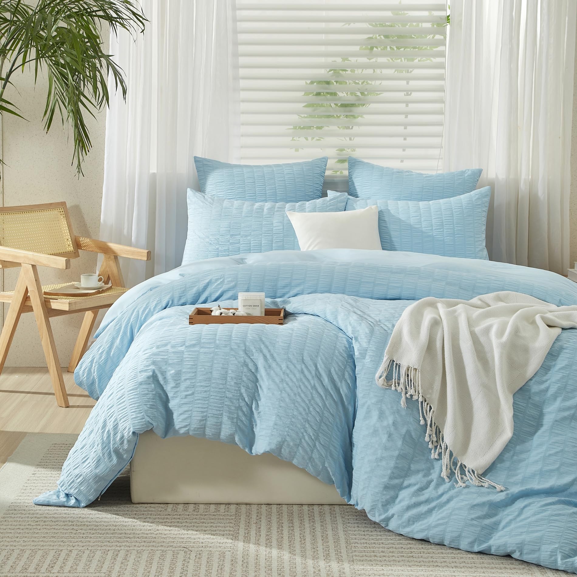 Seersucker Bettwäsche 135x200 4teilig Blau Gestreift Bettwäsche Seersucker Modern Bettwäsche Sommer Weich Atmungsaktiv Mikrofaser Bettbezug Set mit Reißverschluss und 2 Kissenbezüge 80x80 cm