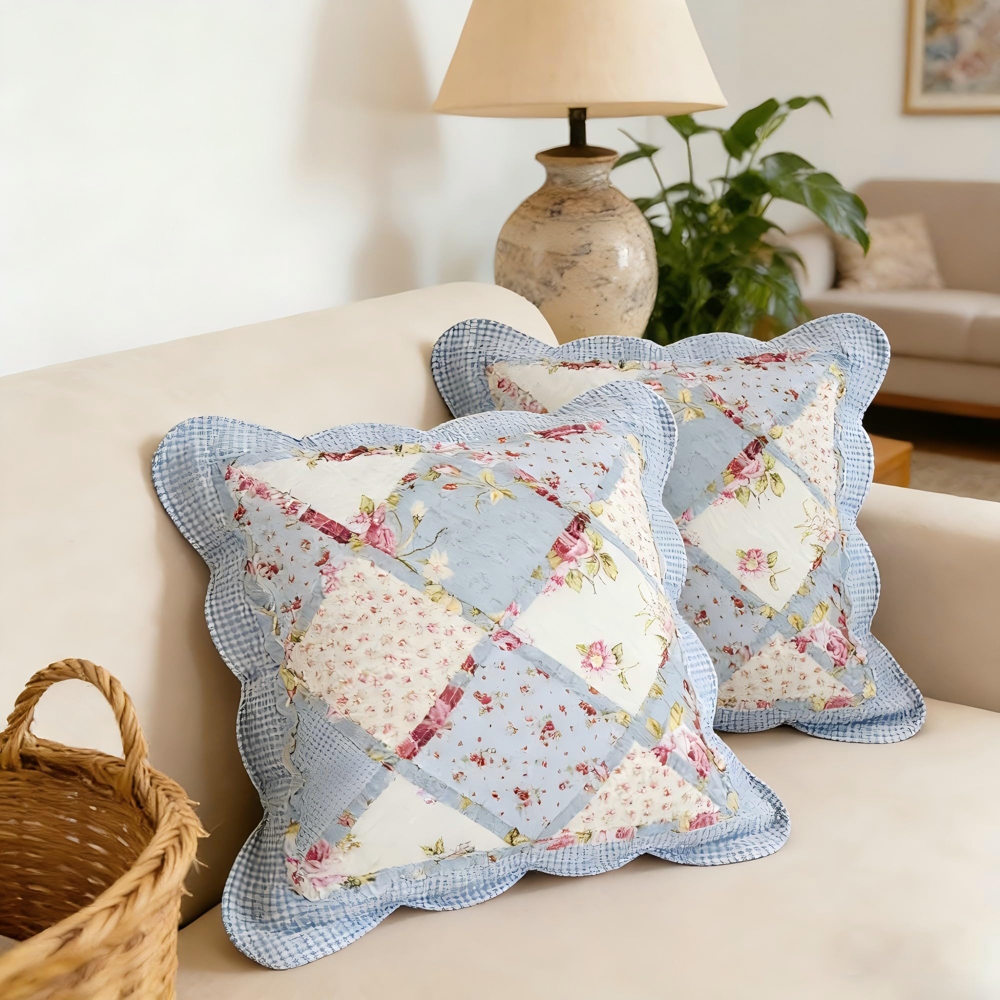 QIFONIX Vintage Patchwork Decorative Throw Pillow Cover, Floral Quilted Design with Pink Gingham Pattern, Scalloped Edge (Blue and Yellow,18" x 18" (Pack of 2))