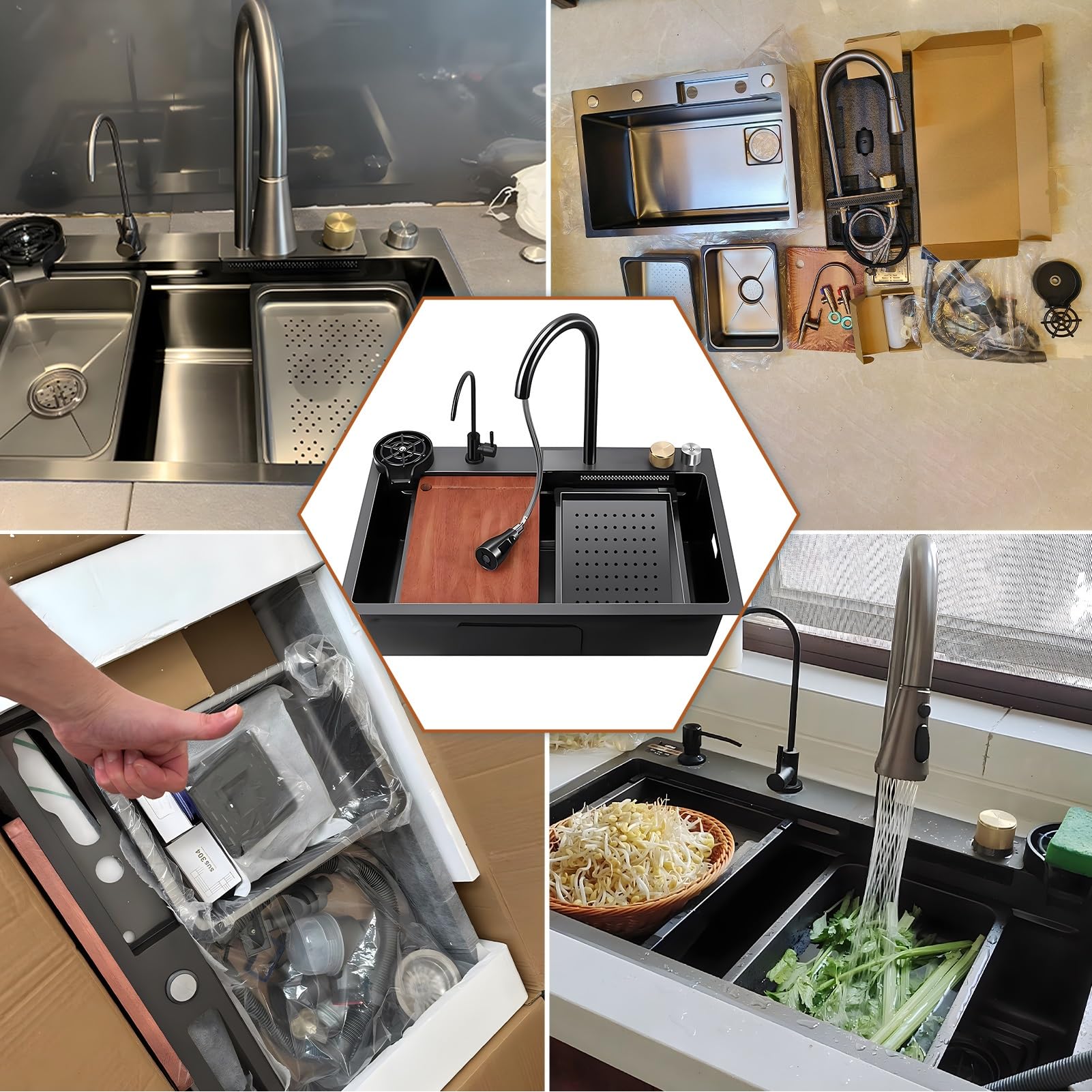 Fregadero De Cocina Para Estación De Trabajo Con Grifo De Cascada, Juego De Lavabo De Acero Inoxidable Doméstico De Un Solo Tazón, Lavadora De Ollas A Presión, Tabla De Cortar, Canasta De Drenaje Y Ac