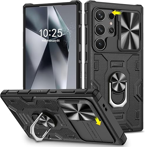 Caka Funda para Galaxy S23 Ultra Samsung S23 Ultra con soporte deslizante para cámara con soporte de anillo giratorio de 360 integrado funda