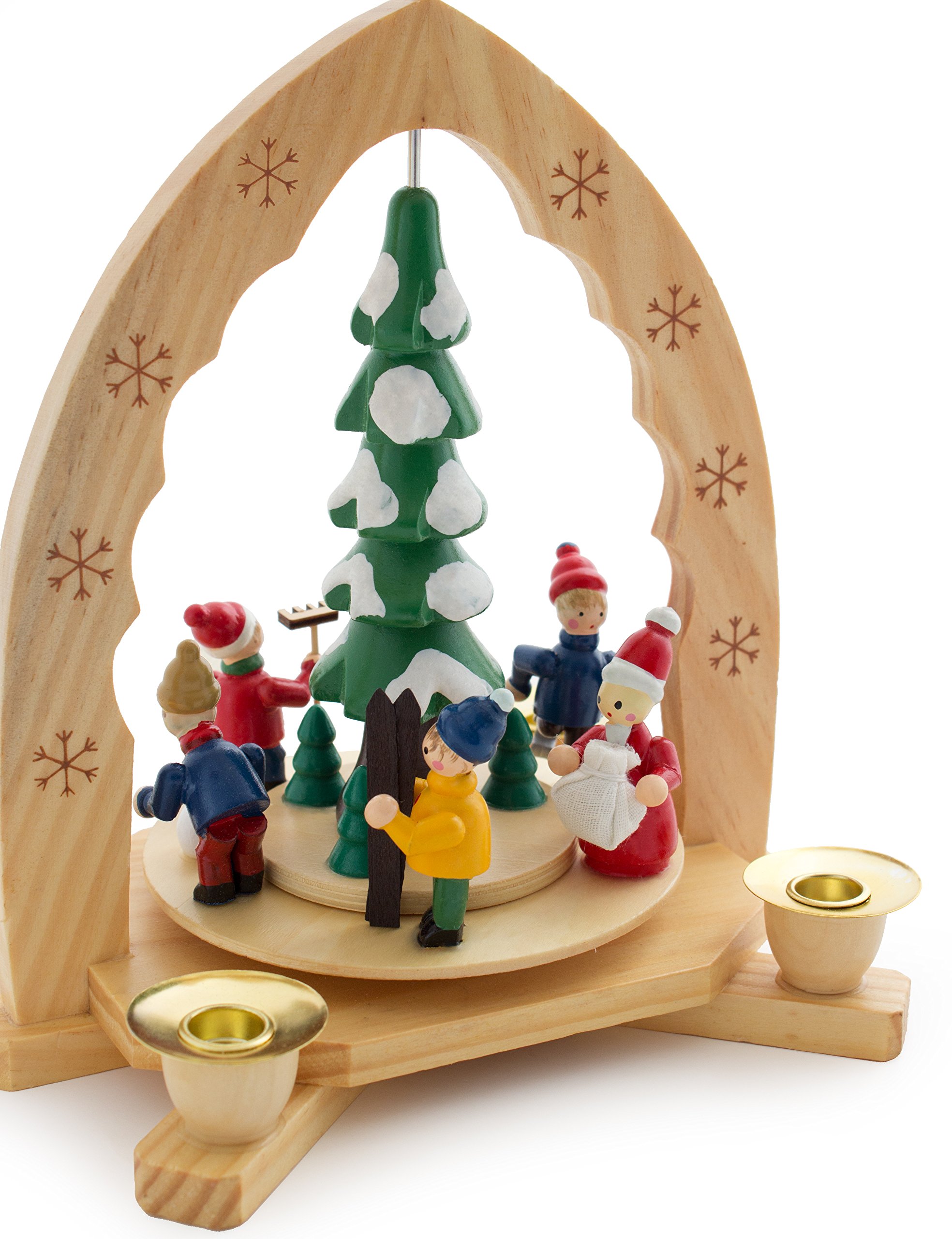 BRUBAKER Kerstpiramide met Set van 12 Theekaarsen - Draaiende Carrousel met Twee Niveau's met Maria, Jozef en Jezus van 29 cm - Handgeschilderd - Naturel