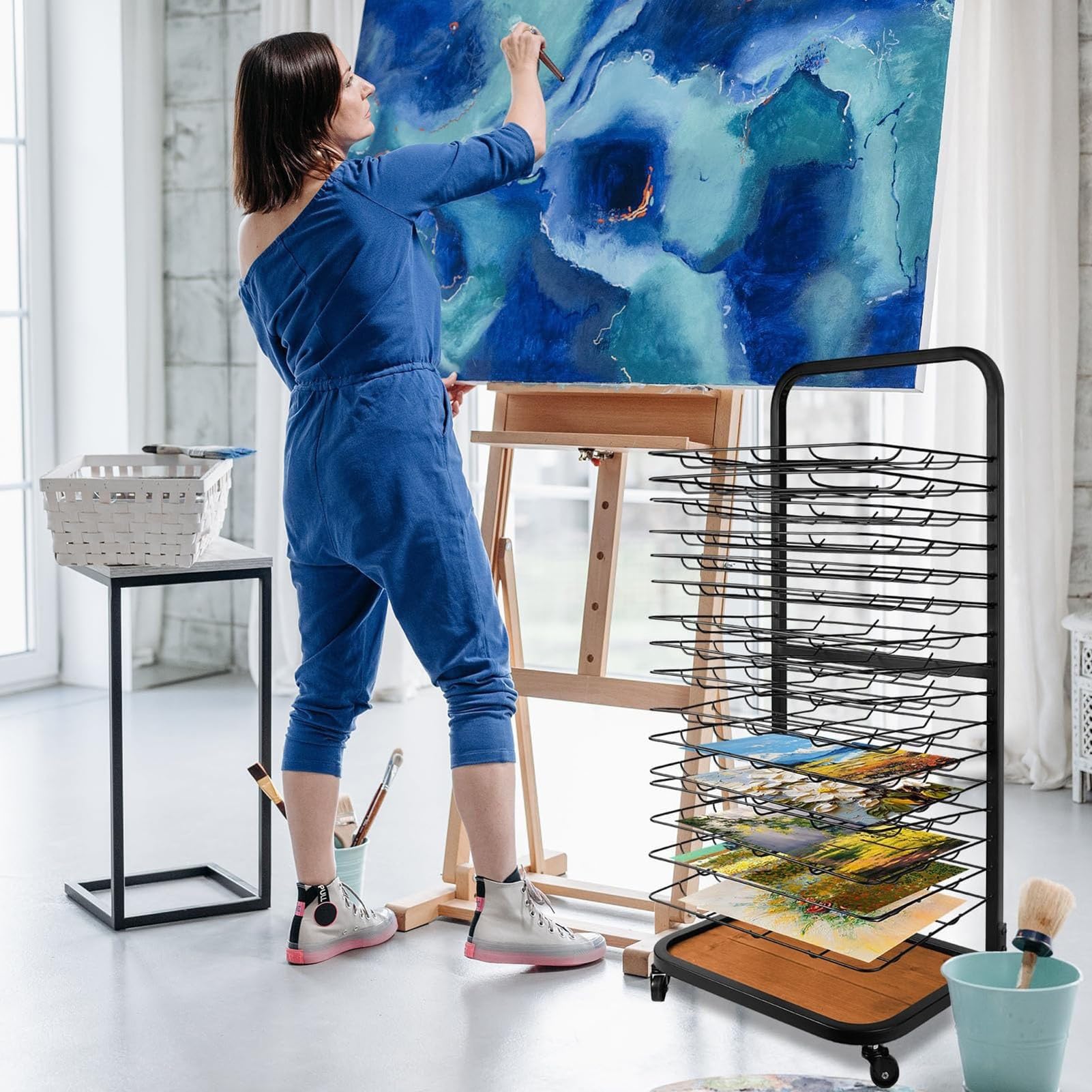 Estante de secado de arte, estante de metal resistente para manualidades con estantes flexibles, estante móvil de secado de pintura con ruedas bloqueables, ideal para escuelas y estudios de arte