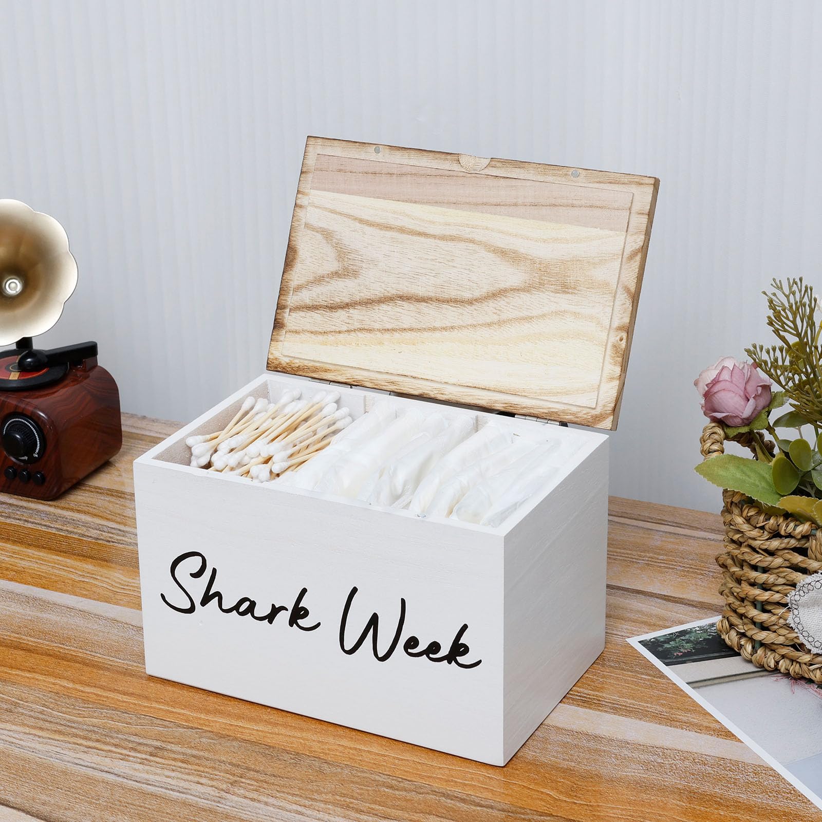 Nzwbshssp White Tampon Holder Storage For Bathroom Feminine Product Organizer Farmhouse Tampon And Pad Storage Box With Lids Versatile Sanitary Pad Holder Rustic Wood Bathroom Decor Box(White)