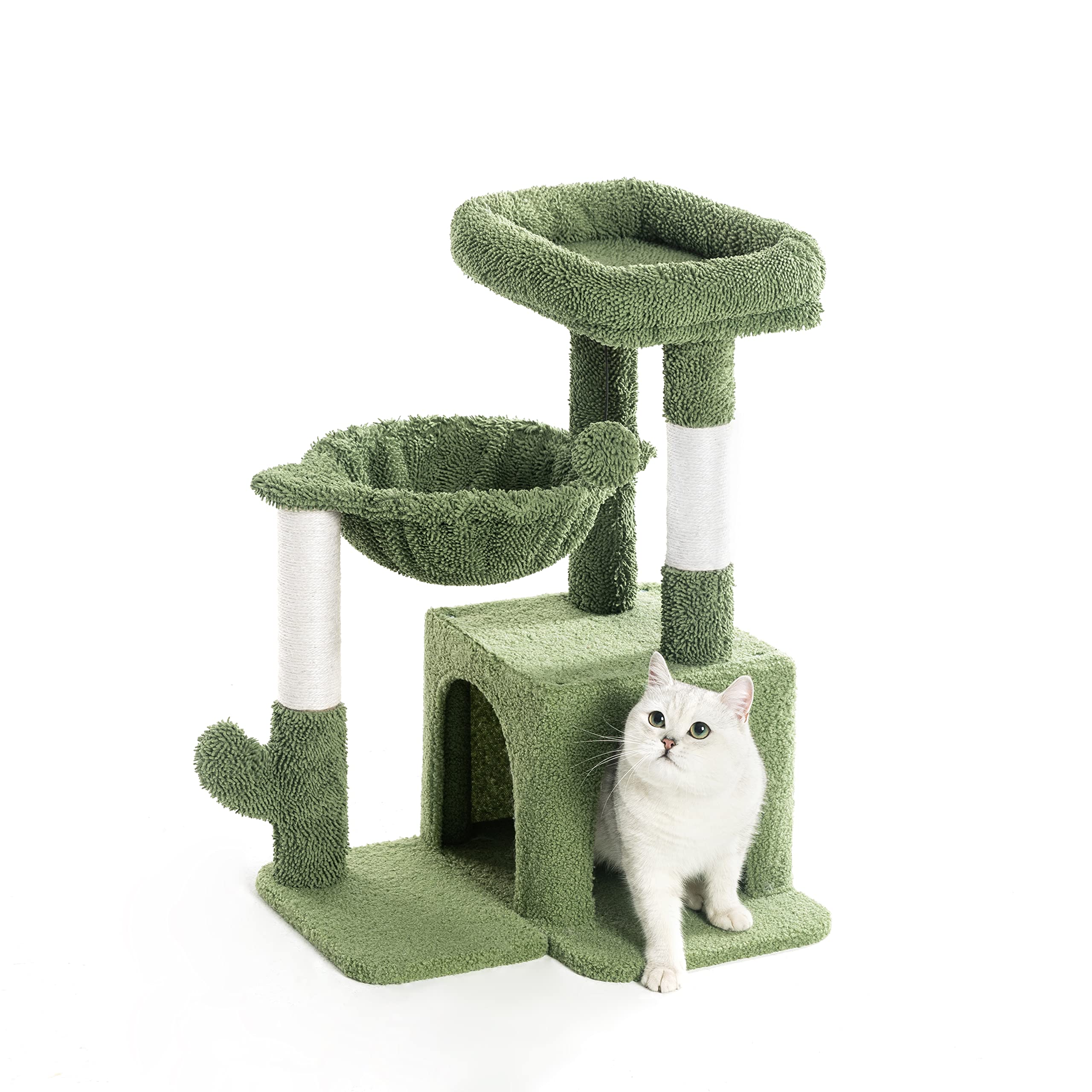 Pesofer Cactus Cat Tree, Small Cat Tower with Sisal Scratching Post and Hammock Green