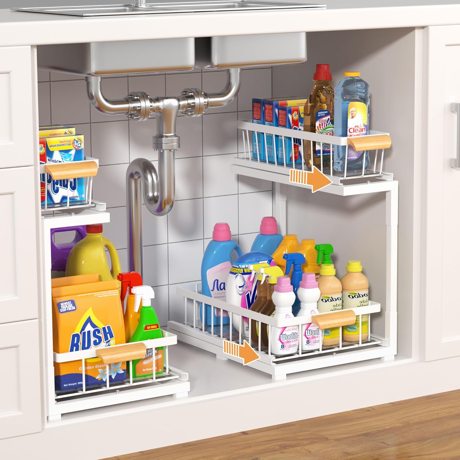 Under Sink Organizer 2 Tier, Pull Out Drawer Slides Under Sink Storage for Bathroom Kitchen,Multi-Purpose Drawer Under Cabinet Organizer for Cleaning Supplies (White, Large-2 Pack)