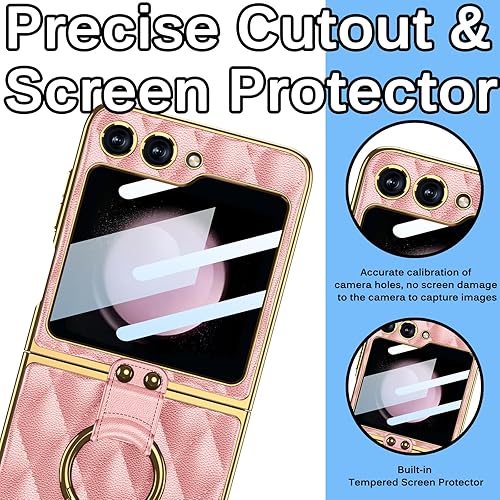 Miniatura 5 de Miimall Funda de cuero con anillo compatible con Samsung Z Flip 5 0.18 oz, protector de pantalla trasera + soporte de anillo de metal, marco