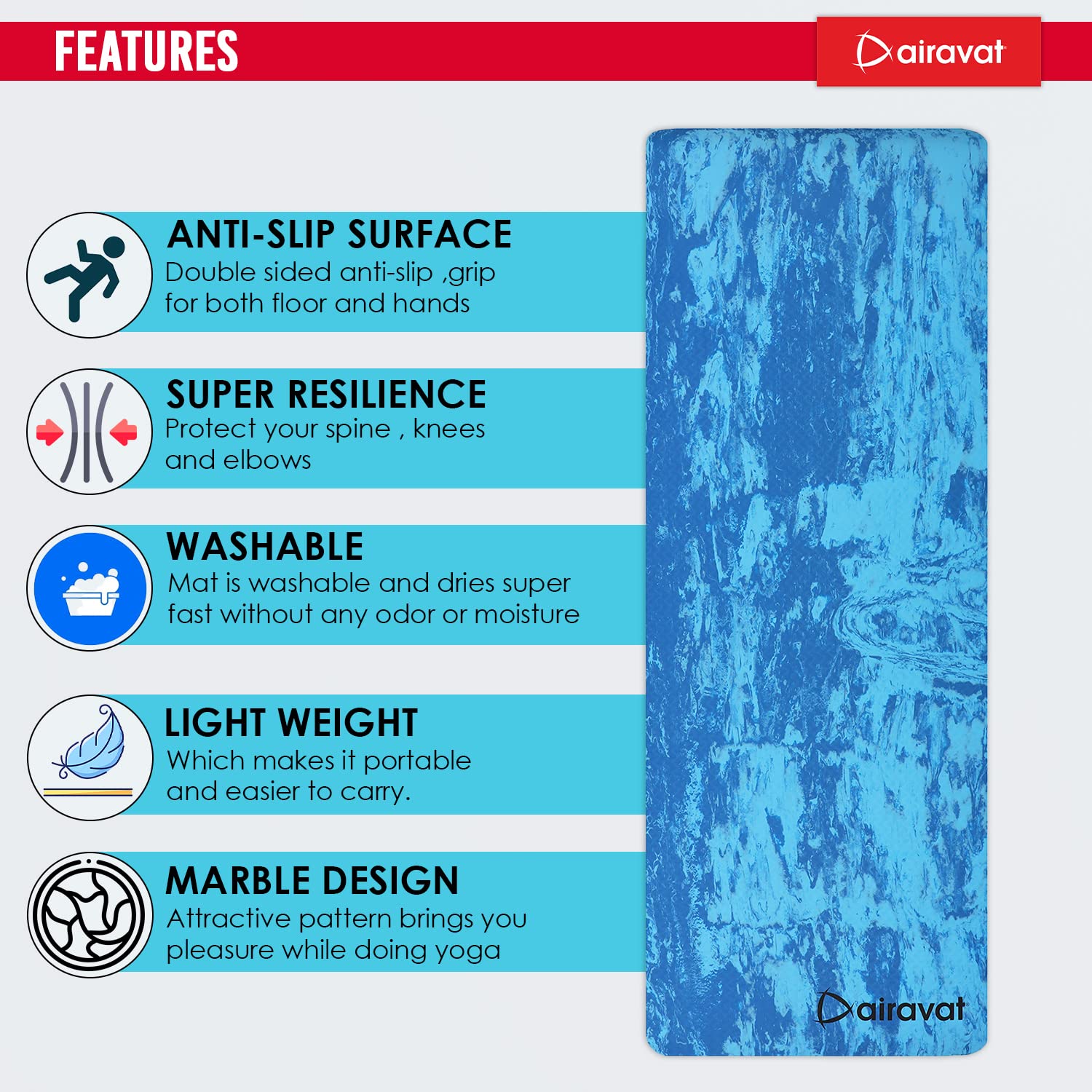 Airavat 8mm Blue Yoga Mat, High Density Anti-Tear Marble Design Exercise Workout Yoga Mat, 2 x 6 Feet Yoga Mat for Men Yoga Mat for Women