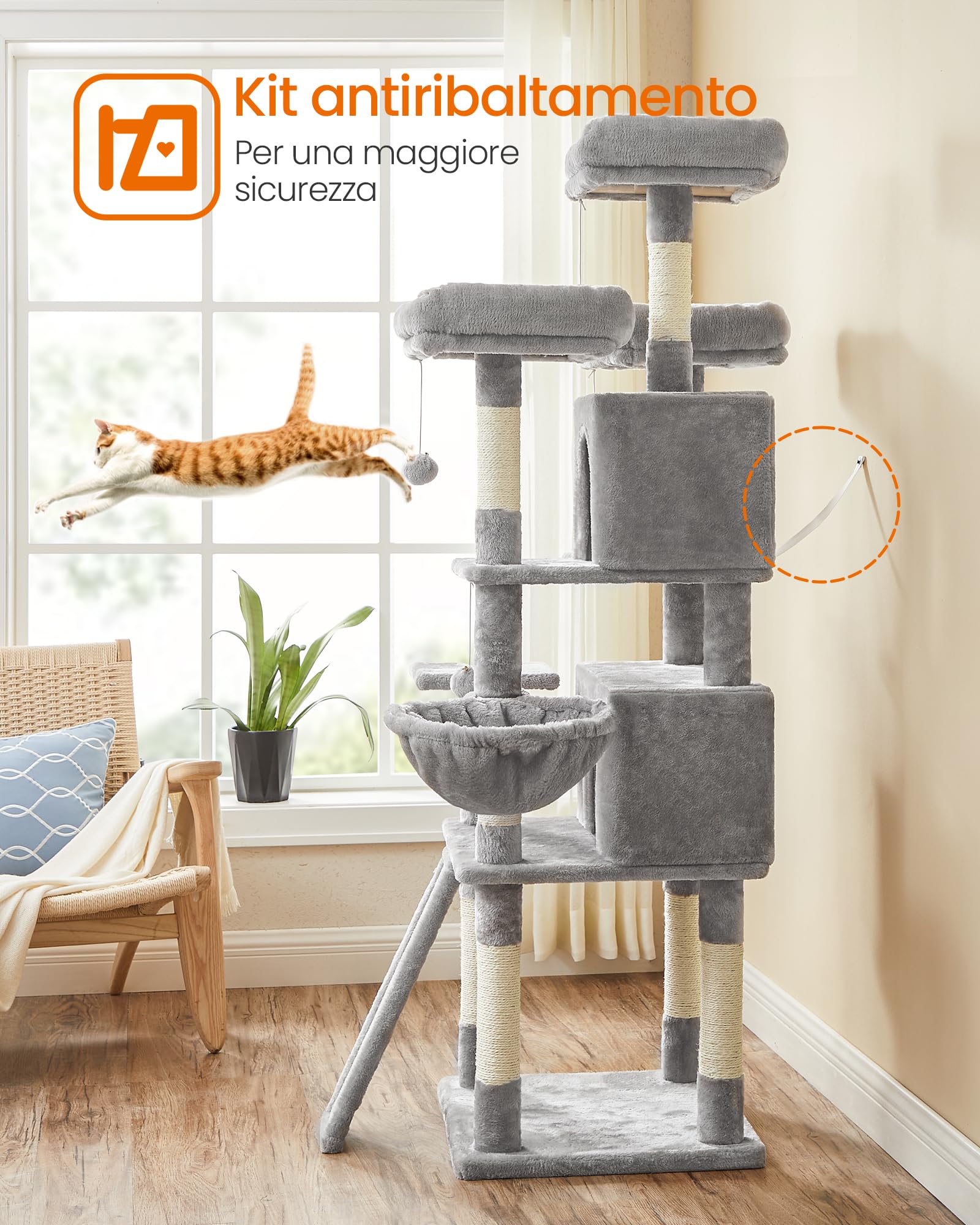 Feandrea Tiragraffi per Gatti, XXL Posatoio, 162 cm, Grigio Chiaro PCT019W01