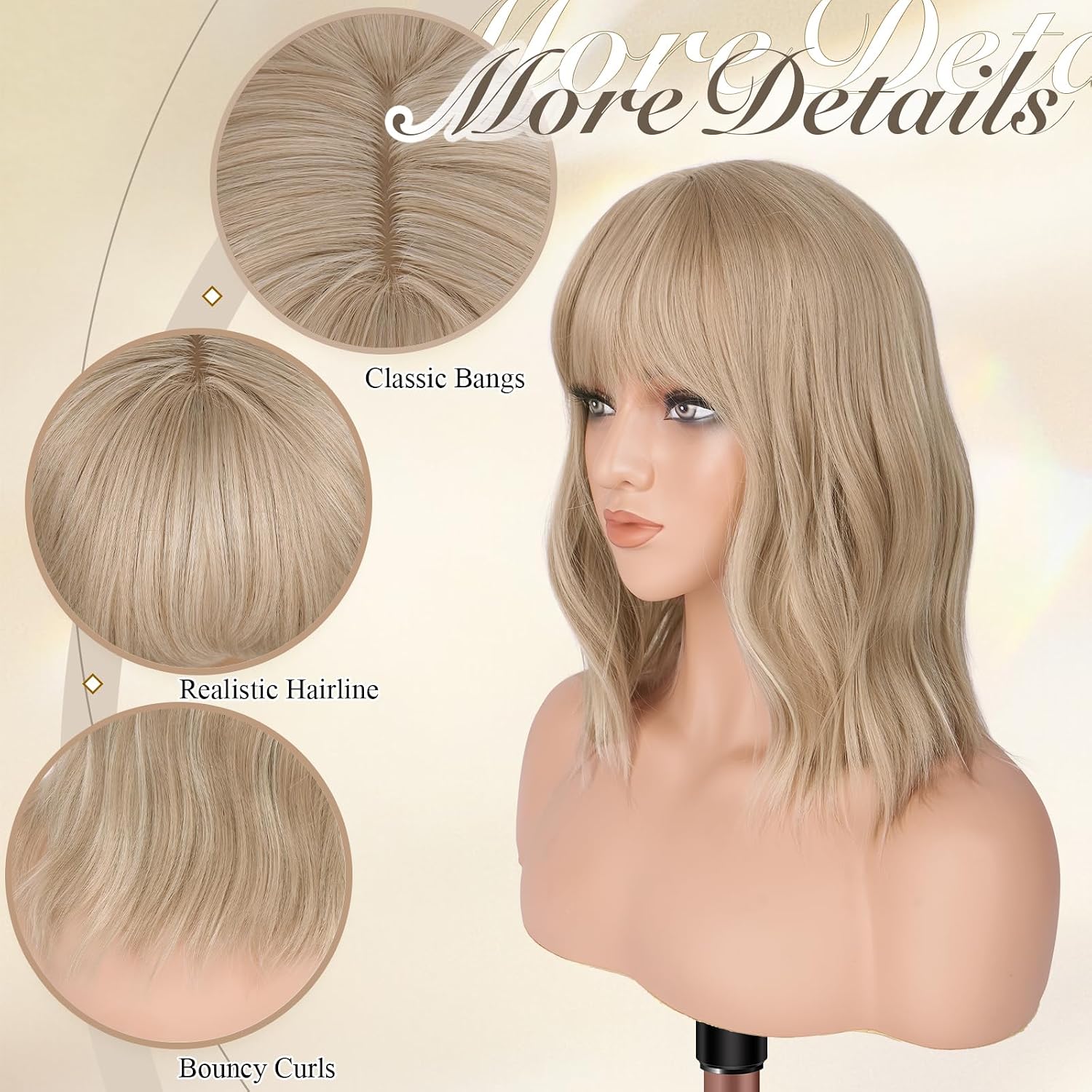 Condition photo showing New/Like New for feshfen shoulder length wigs with bangs - dirty blonde natural looking wavy medium length synthetic hair bob wig for women daily party use, 14 inch