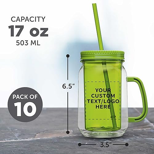Miniatura 5 de Discount Promos Tarros Mason personalizados con pajilla, 17 onzas, juego de 10, paquete a granel personalizado, tarros de vidrio para avena durante