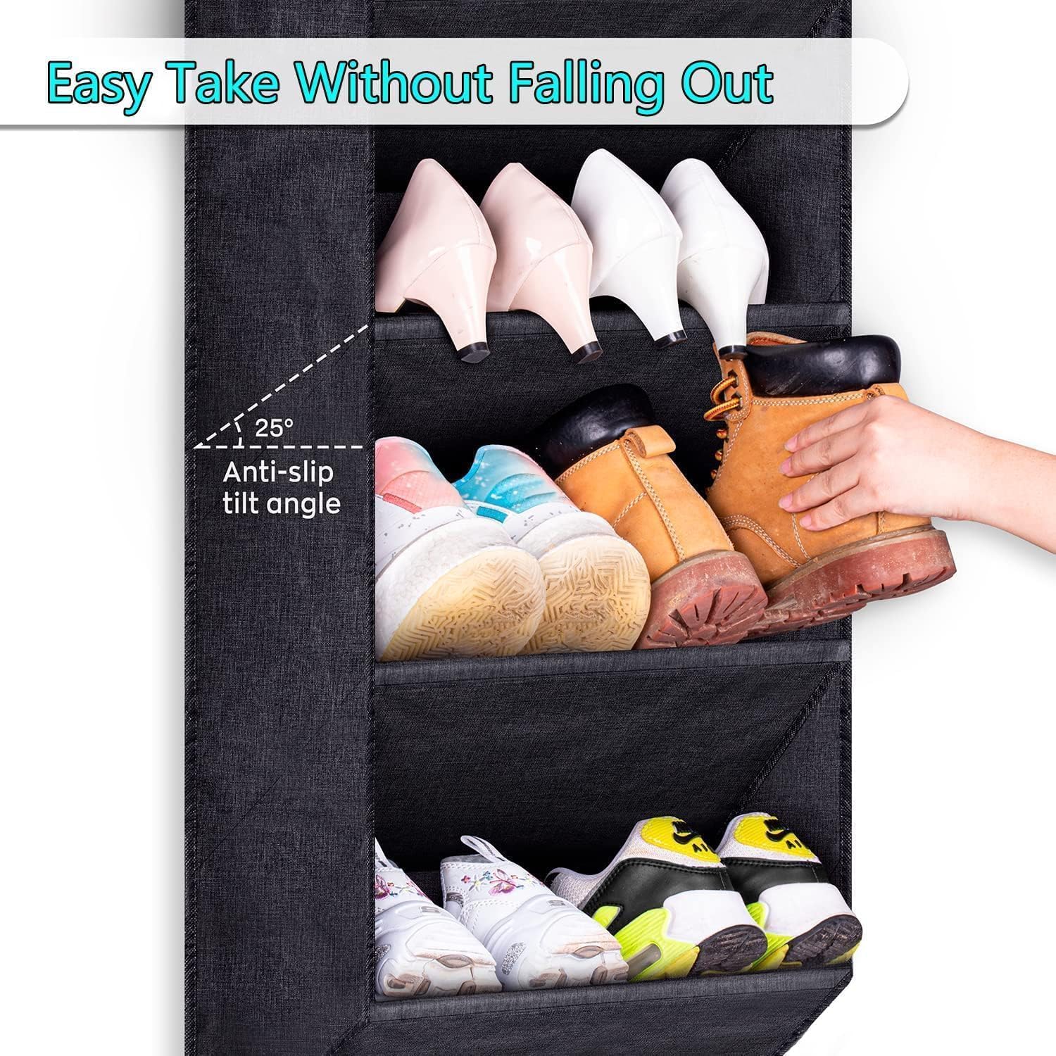 MISSLO Scarpiera porta da appendere per armadio, organizer corto per scarpe con grandi tasche profonde, sottile sopra la porta, per stivali in camper, dormitorio, nero