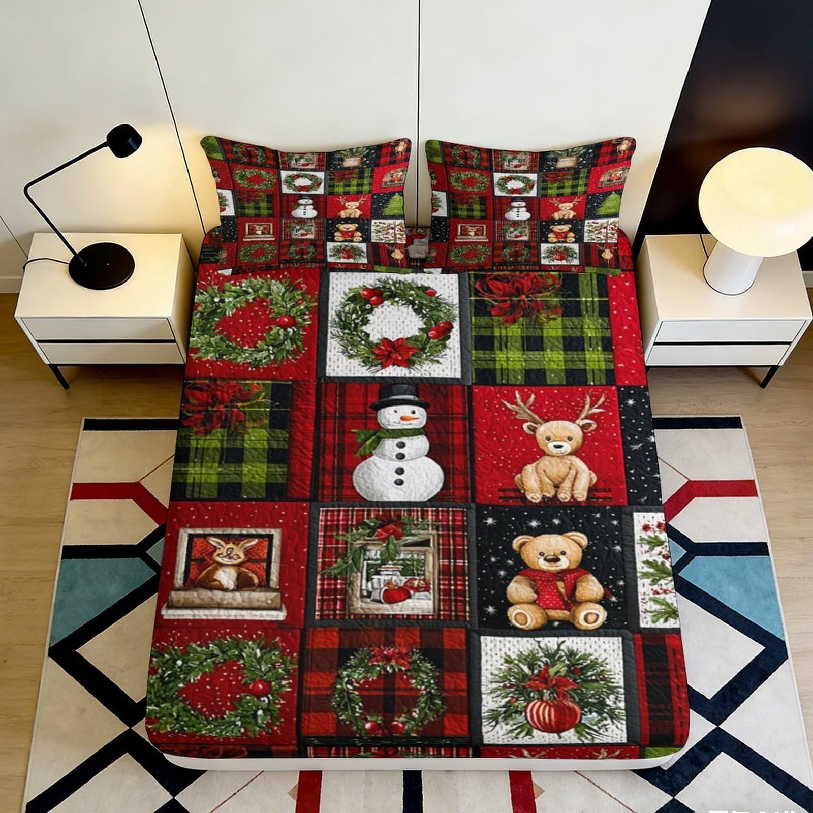 3D Printed Christmas Wreath Fitted Sheet Microfiber Soft Plaid Reindeer Bed Cover for Bedroom Guest Room Decor 90x200x25cm