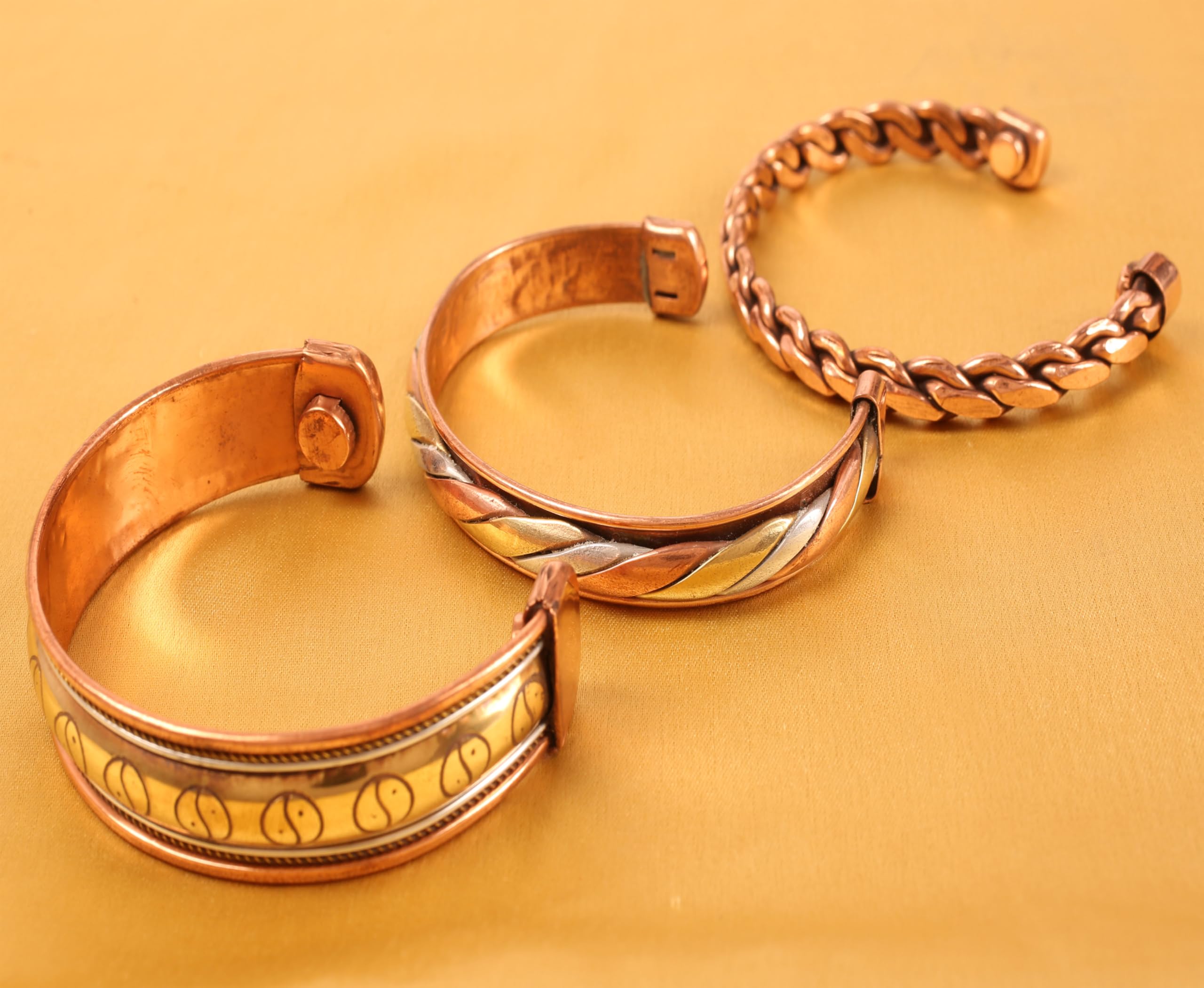 Touchstone Copper magnetic healing bracelet Tibetan style. Hand forged with solid and high gauge pure copper. Set of 3 different designs in 3 metals.