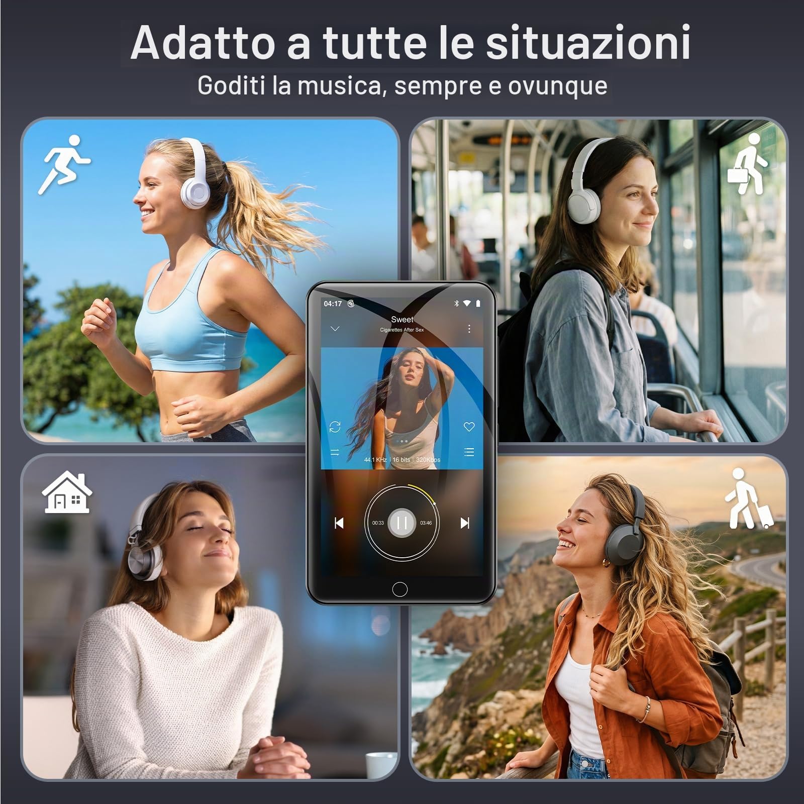 Diofox Lettore MP3 Spotify, Lettore MP3 da 80GB con Bluetooth WiFi, Touchscreen da 4,0 pollici, Lettore musicale streaming Android, Amazon Music, Deezer, radio FM, Play Store - Nero
