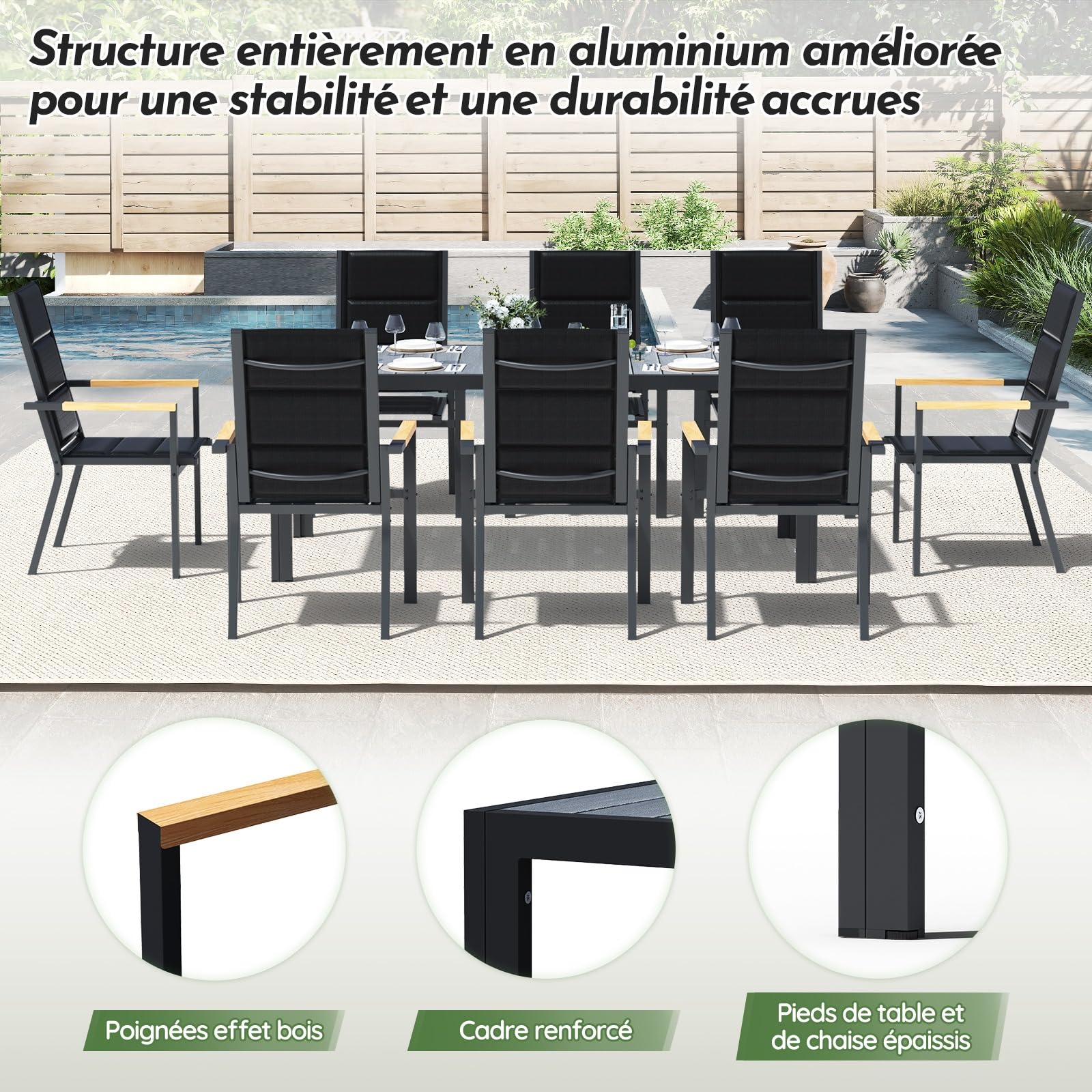 Devoko Salon de Jardin Exterieur 8 Personnes, HDPS Table de 189 cm et 8 Chaises Empilable d'Extérieur en Aluminium Durable, Design à Veine de Bois, Idéal pour Cour, Terrasse ou Bord de Piscine, Gris