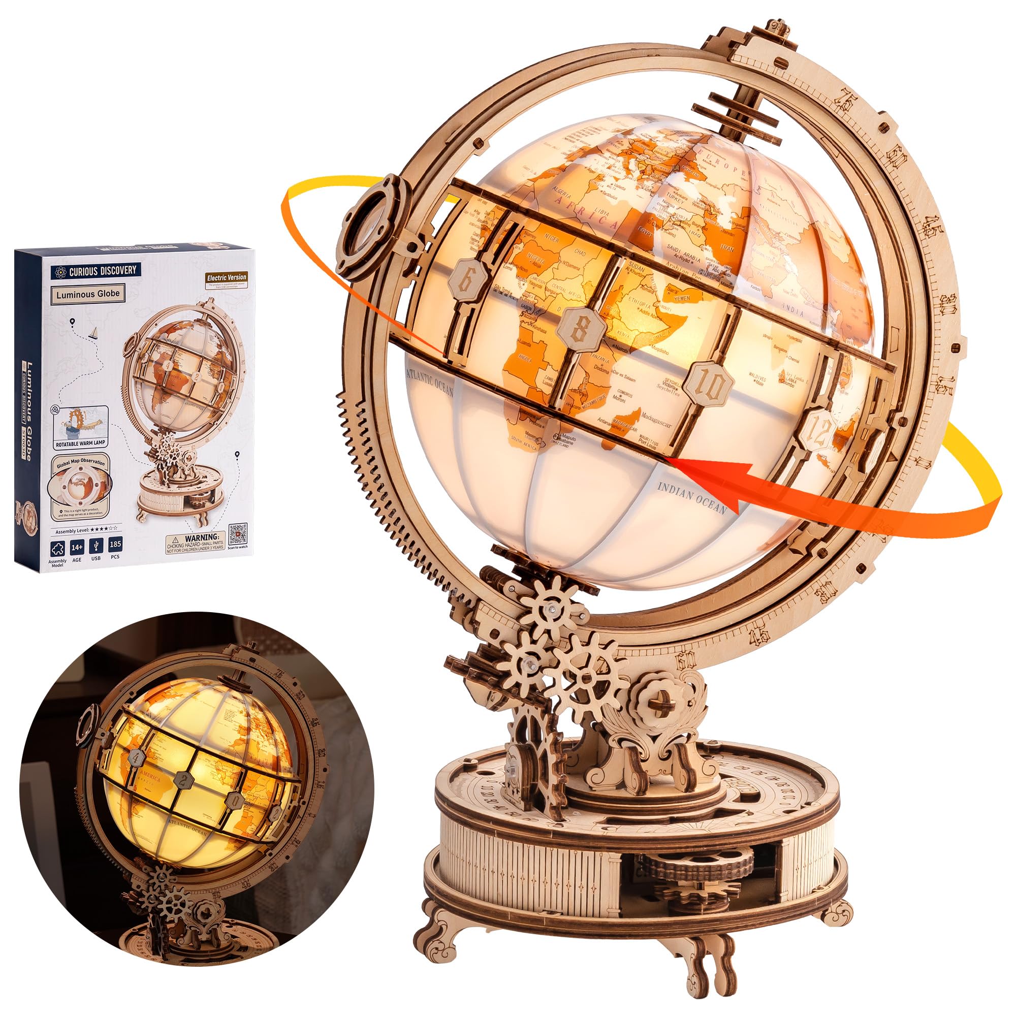 Assembled ROBOTIME ST003 Luminous Globe 3D Wooden Puzzle with dimensions.