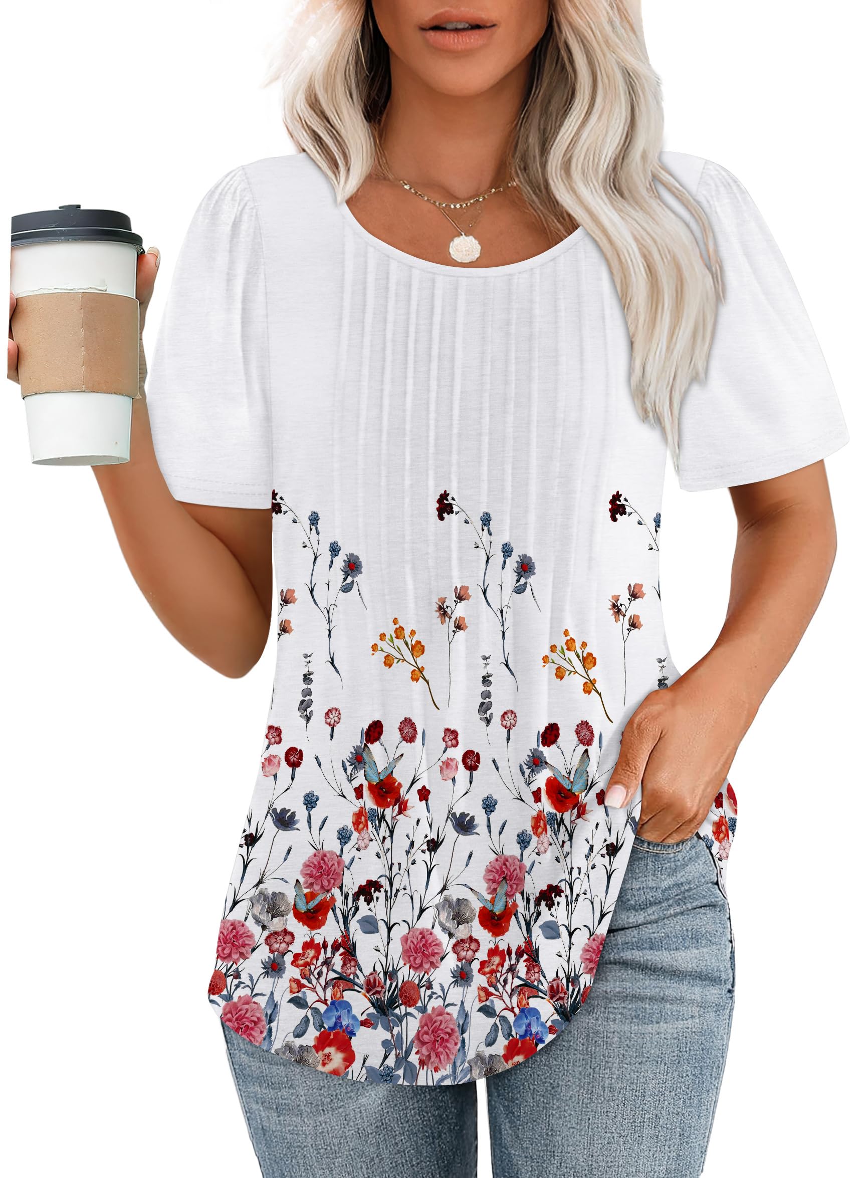 OFEEFAN Womens T Shirts Short Sleeve Pleated Dressy Casual Scooped Neck Summer Tops Blouses