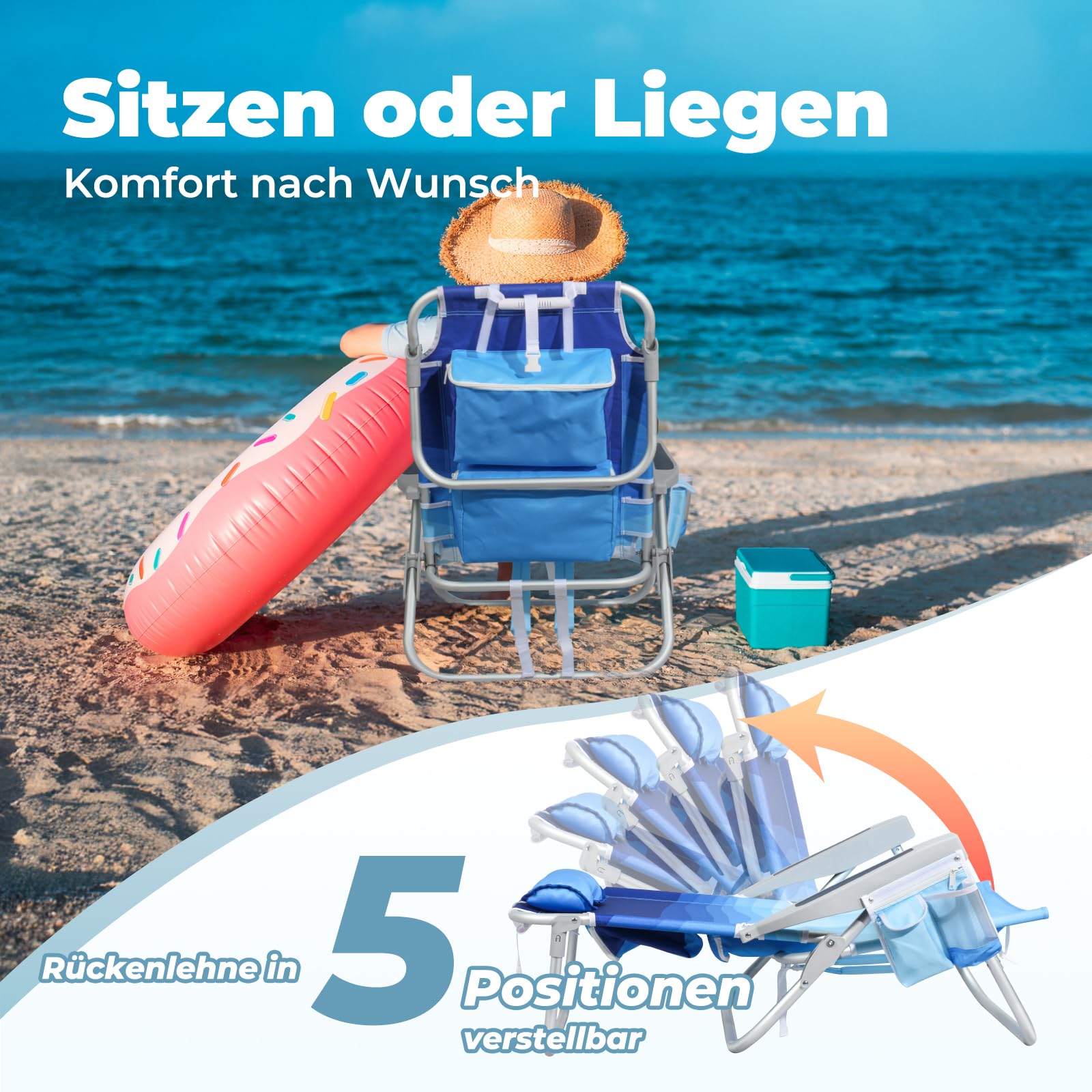 Homecall Chaise de plage pliable légère - Dossier réglable sur 5 niveaux - Fauteuil de plage pliable jusqu'à 136 kg - Pour la plage, l'extérieur (basse, vague bleue, 1 pièce)
