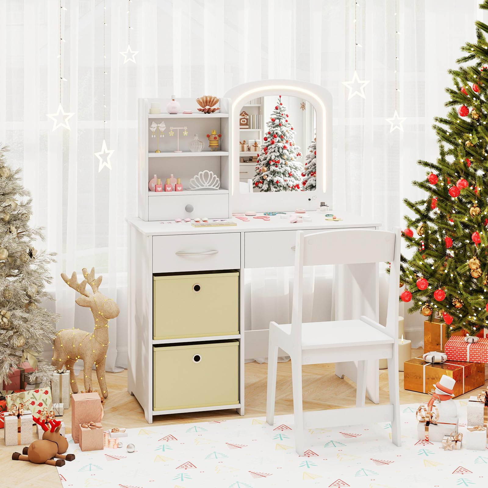 COSTWAY Coiffeuse Enfant Fille avec Chaise & Miroir Lumineux, Bureau Enfant Fille avec 3 Étagères & 3 Tiroirs & 2 Bacs en Tissu, Dispositif Anti-basculement, Charge 50/75kg pour Enfant de 3 Ans+