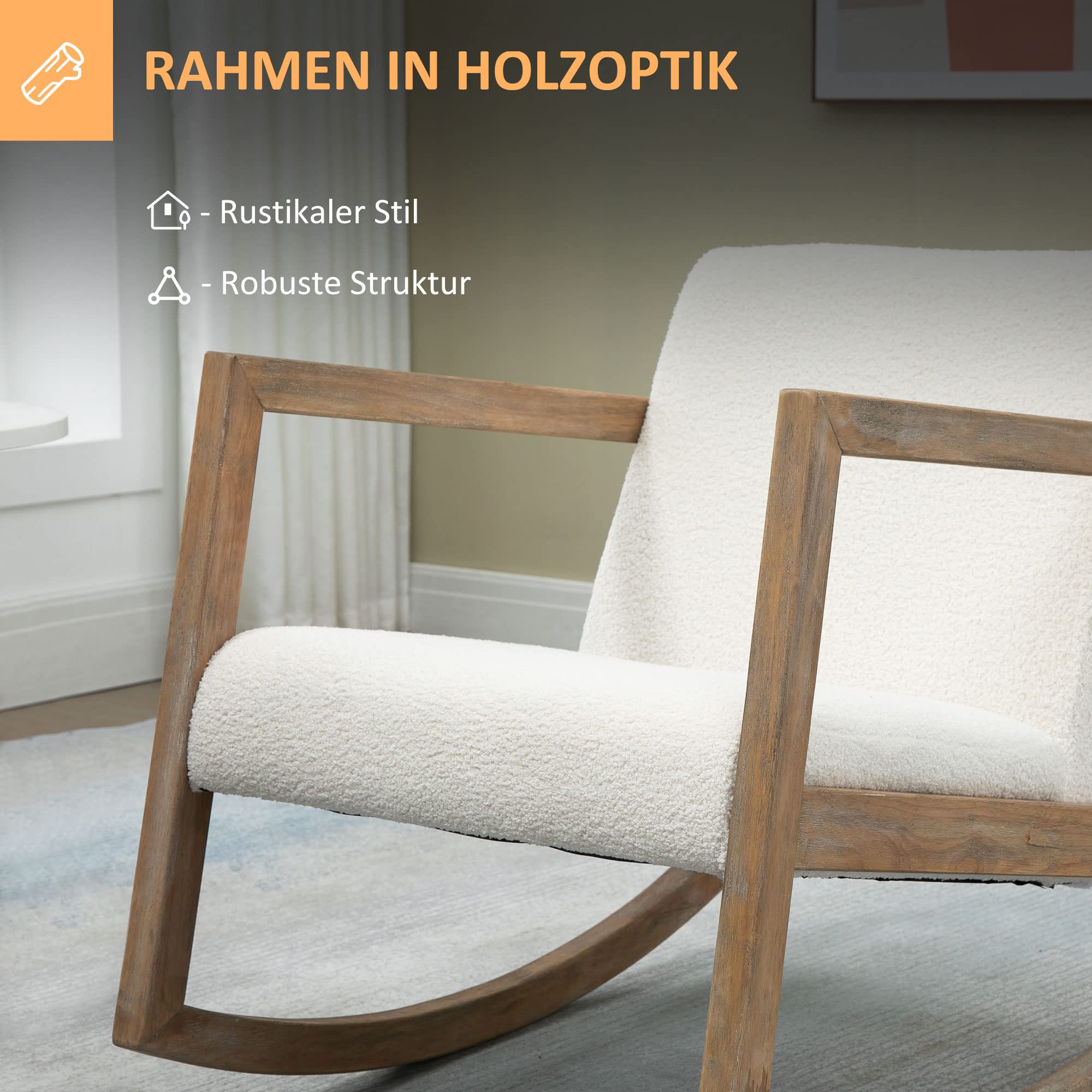 Fotel bujany relaksacyjny z drewnianą ramą – tapicerowany, lounge, drewno kauczukowe, kremowo-biały