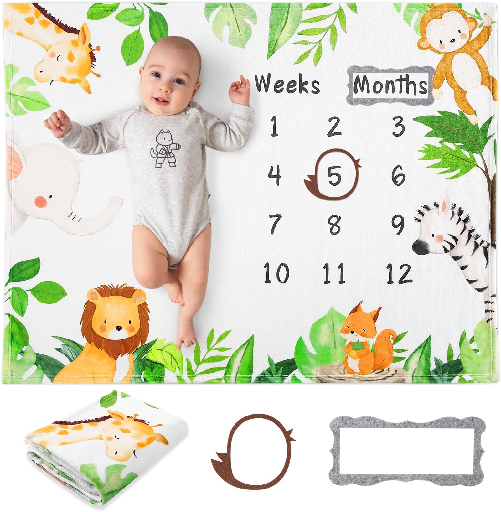LULUWAY Baby Monthly Milestone Blanket for Boys Girls, Safari Jungle Animals Newborns Unisex Month Blanket Gift for Baby Shower, Baby Photo Prop Blanket First Year Calendar Growth, 51โx40โ