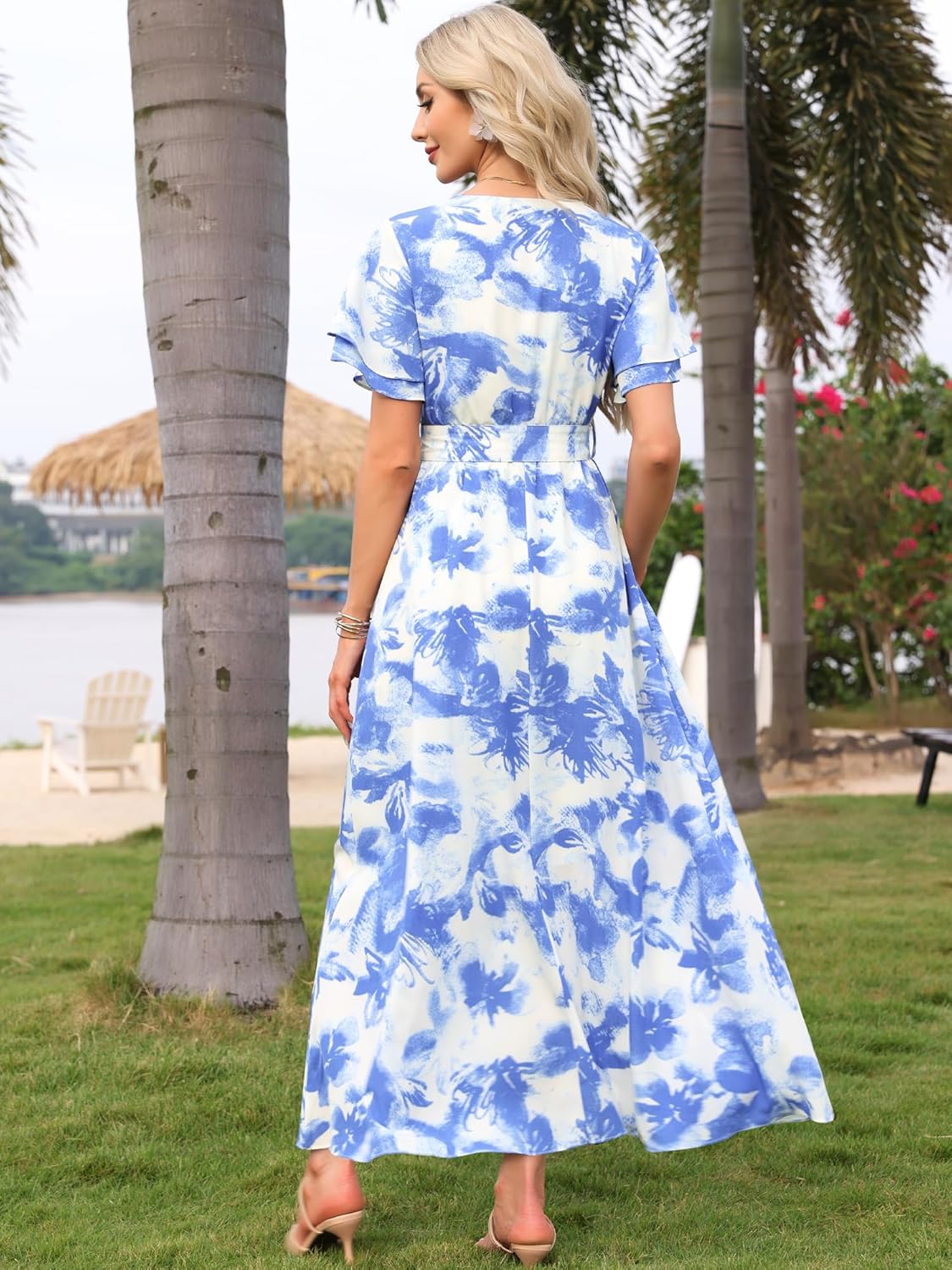 Allegra K Floral Dress for Women's Maxi Short Sleeve V Neck Boho Casual Vacation Long Dresses - Image 2