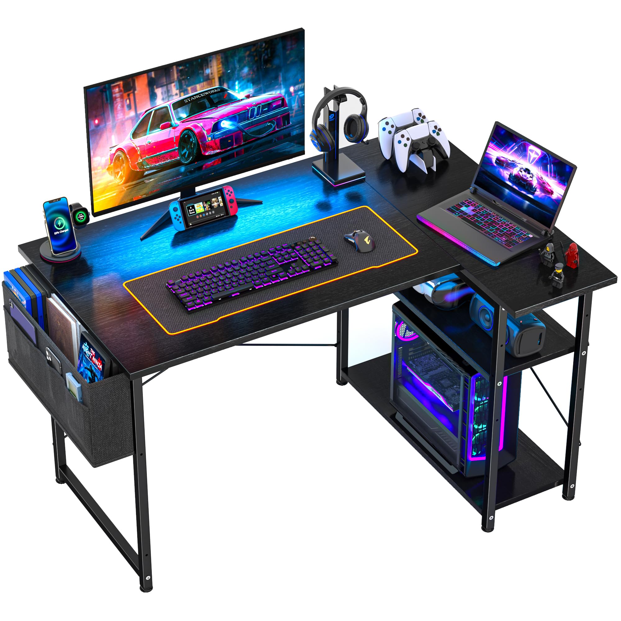 HOMIDEC 100cm L-Shaped Gaming Desk with Reversible Shelves & Storage Bag, Compact Corner Computer Table, Space-Saving Home Office Study Desk, Gamer Workstation, Black