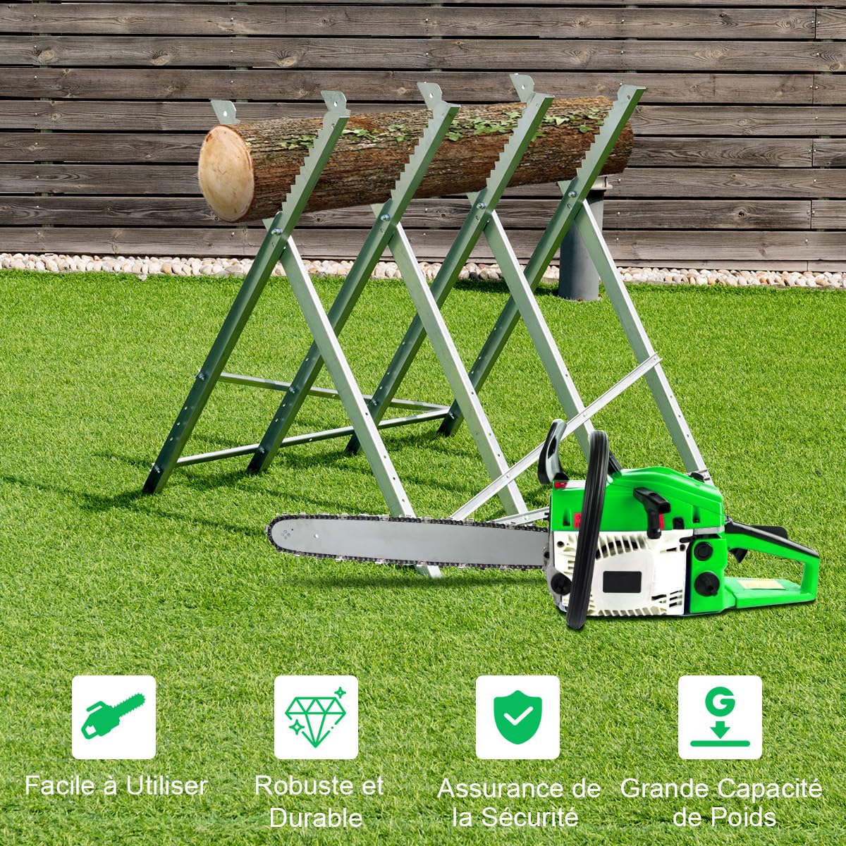 GOPLUS Chevalet de Sciage Pliable pour Tronçonneuses, Chevalet de Travail en Bois Réglable avec Dents de Scie et Entretoises, Charge 100 kg, pour Bois de Chauffage, Bois de Cheminée