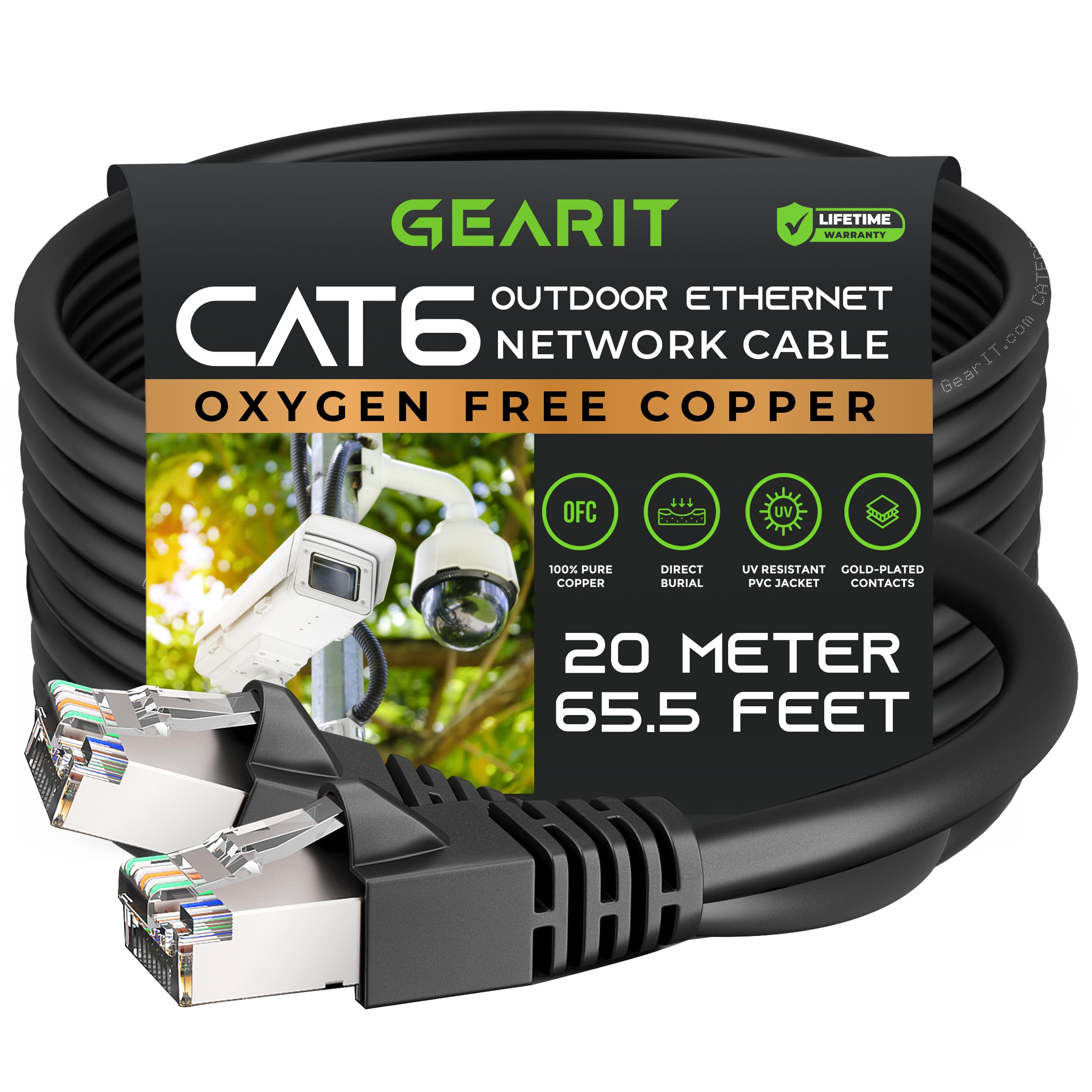 GearIT Câble Ethernet extérieur Cat6 (20 m) 23 AWG en cuivre pur, FTP, LLDPE, imperméable, enfouissement direct, dans la terre, résistant aux UV, PoE, réseau, LAN, Internet, câble Cat 6, Cat6 – 20
