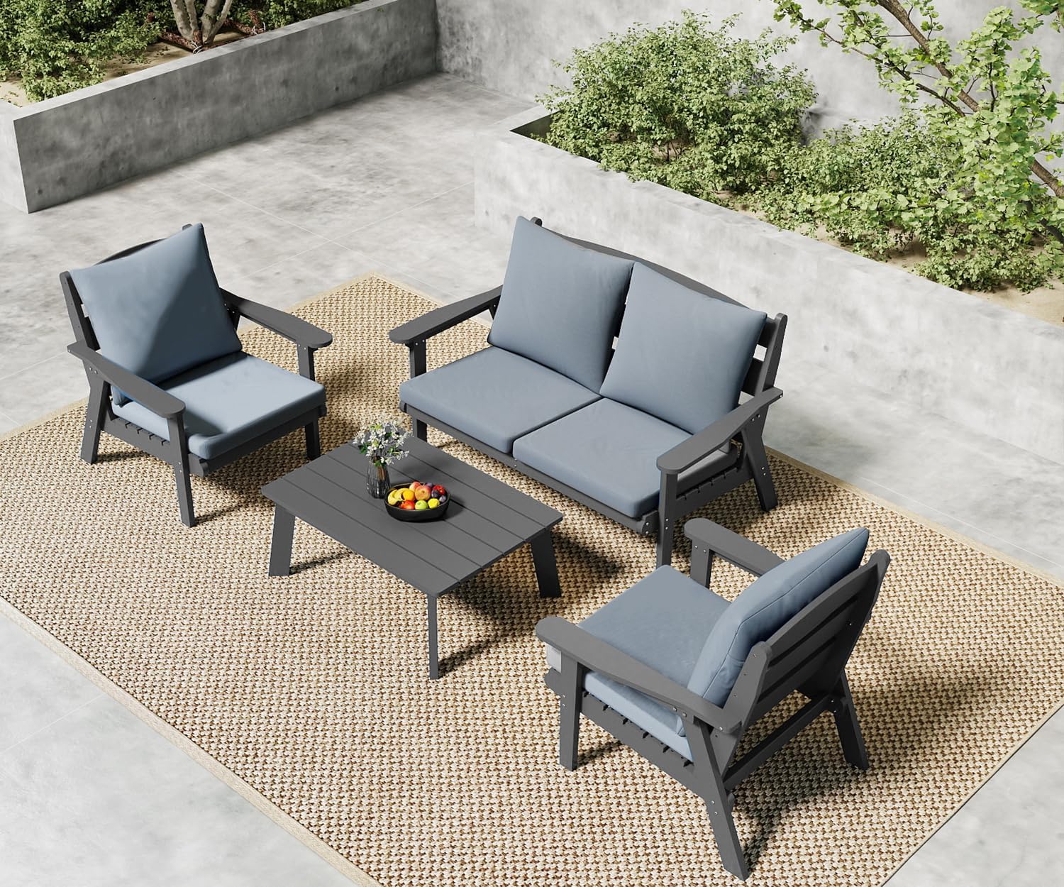 FOOWIN 4-Piece Patio Furniture Set, HDPE All-Weather Outdoor Conversation Set with Thick Cushions, Sectional Patio Sofa Furniture for Deck, Porch, Lawn, Garden, Grey Frame & Grey Cushion
